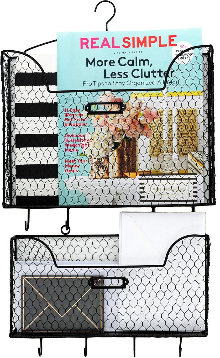 Blu Monaco Metal Mail Organizer - Black Wire Wall Mount Mail Holder with Key Hooks – 2 Pieces - Holds File Folders - Rustic Country Entryway Kitchen Office Letter Sorter Wall Mount Key Rack