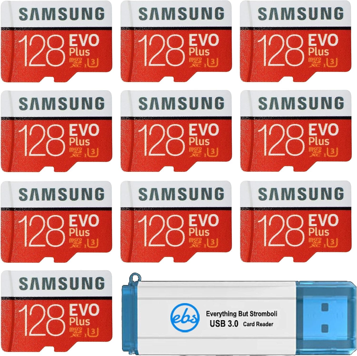 Samsung 128GB Evo Plus MicroSD Card (Bulk 10 Pack) Class 10 SDXC Memory Card with Adapter (MB-MC128H) Bundle with (1) Everything But Stromboli 3.0 Reader with SD & Micro (TF) Slots