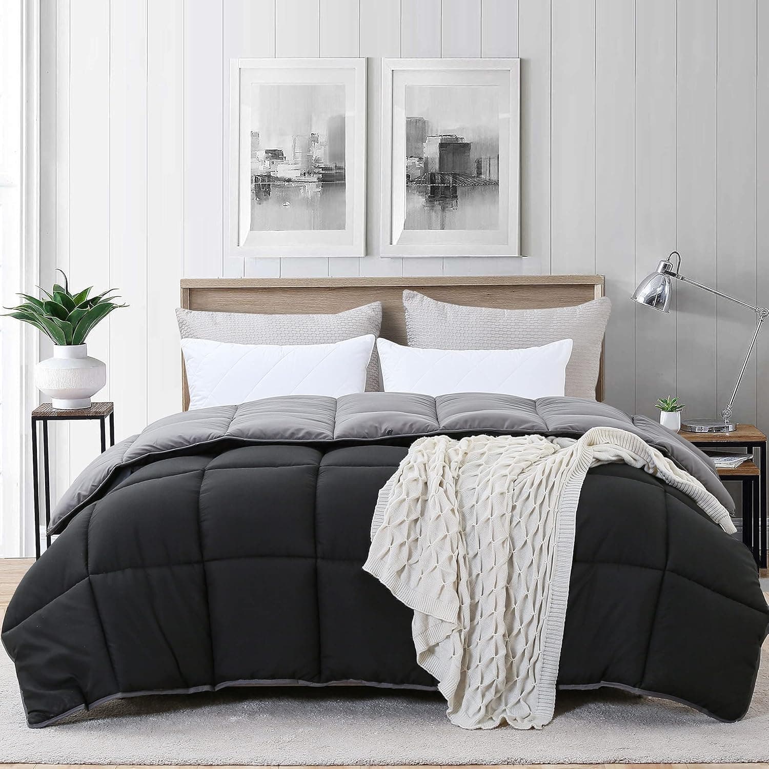 Ousidan Reversible Comforter Twin Size Down Alternative Quilt with Corner Tabs,Brushed Microfiber Cover Black/Dark Grey Comforter,Machine Washable,68x90Inches