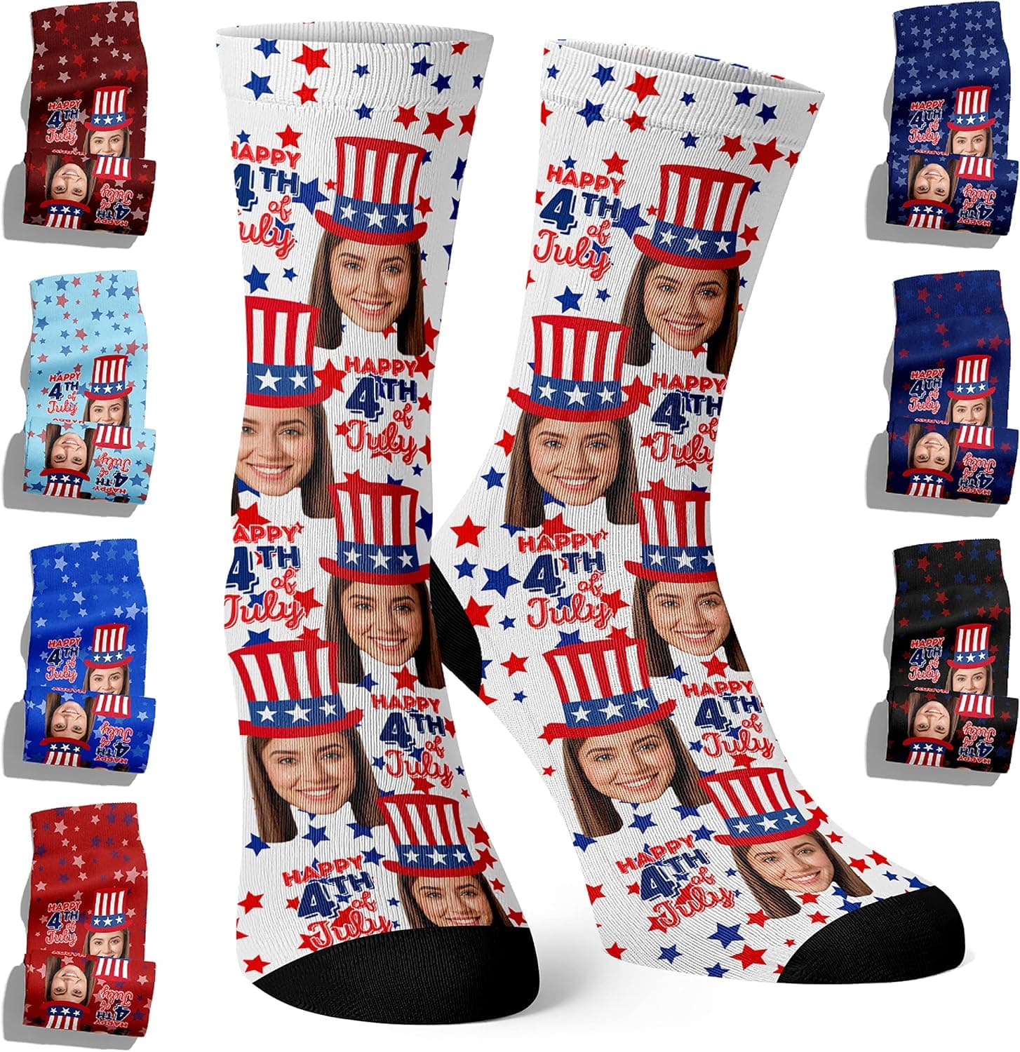 4th of July Socks, Custom USA Flag Socks with Face Photo, Personalized Gifts for Independence Day, Patriotic Memorial Day Socks for Men, Women, Friends, Custom Photo Socks 6 Solid & 8 Starred Colors