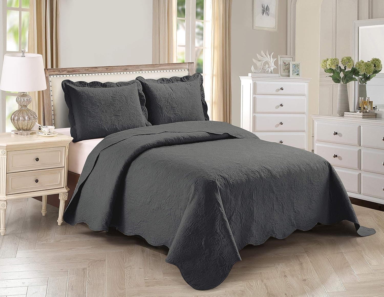 Better Home Style 3 Piece Luxury Floral Ultrasonic Embossed Solid Color Quilt Coverlet Bedspread Oversized Bed Cover Set # Stacy (Charcoal, Full/Queen)