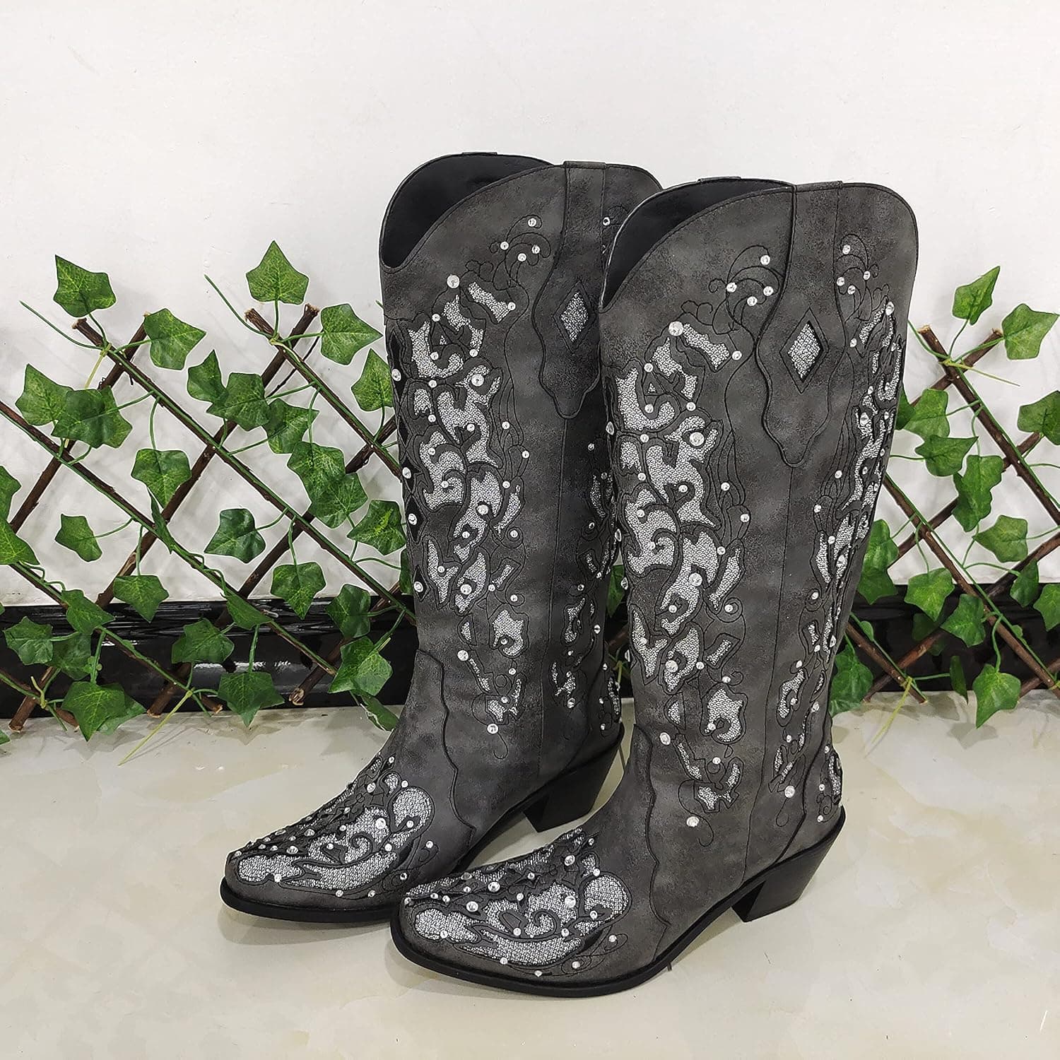 SO SIMPOK Women Glitter Inlay Rhinestones Cowgirl Cowboy Boots Embroidered Mid Calf Boots Work Western Boots