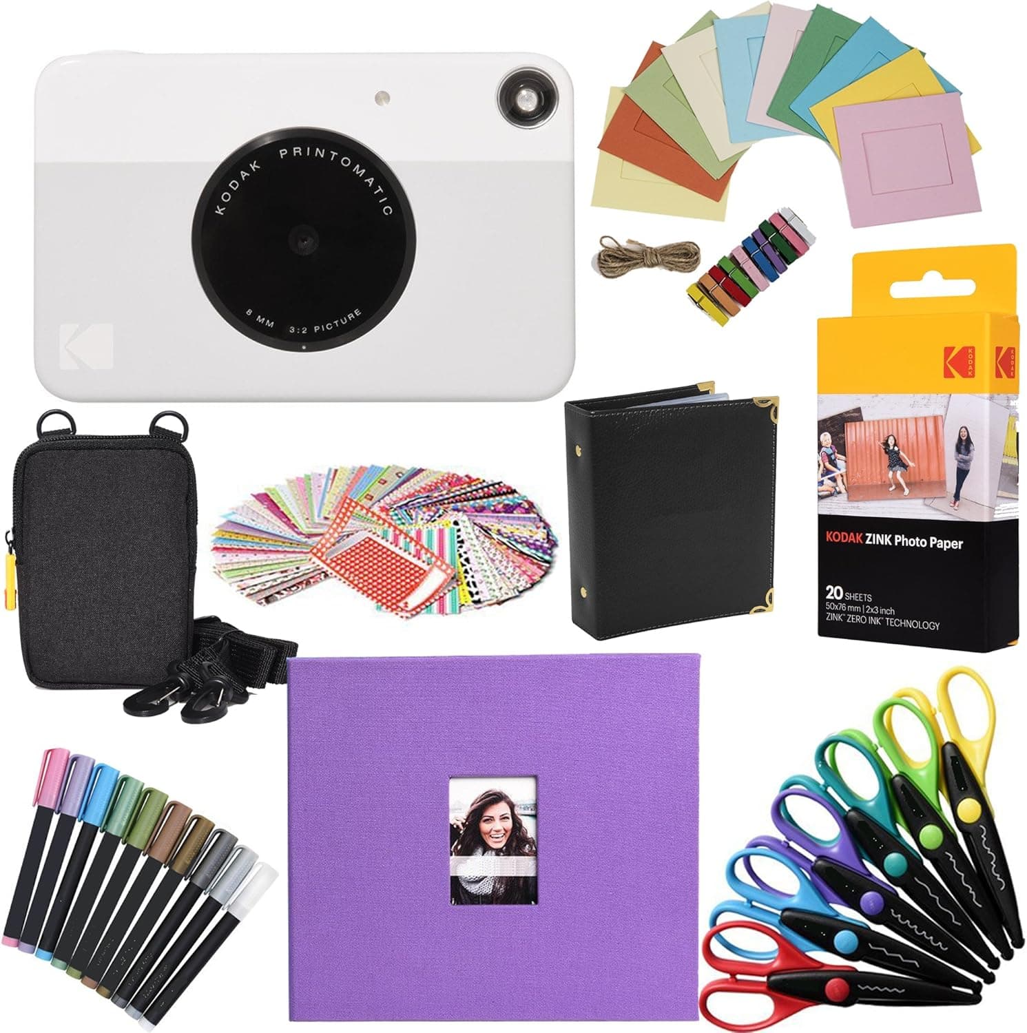 Kodak Printomatic Instant Camera (Grey) Gift Bundle + Zink Paper (20 Sheets) + 8x8 Cloth Scrapbook + Case + 6 Edged Scissors + 100 Sticker Border Frames + Markers + Hanging Frames + Album