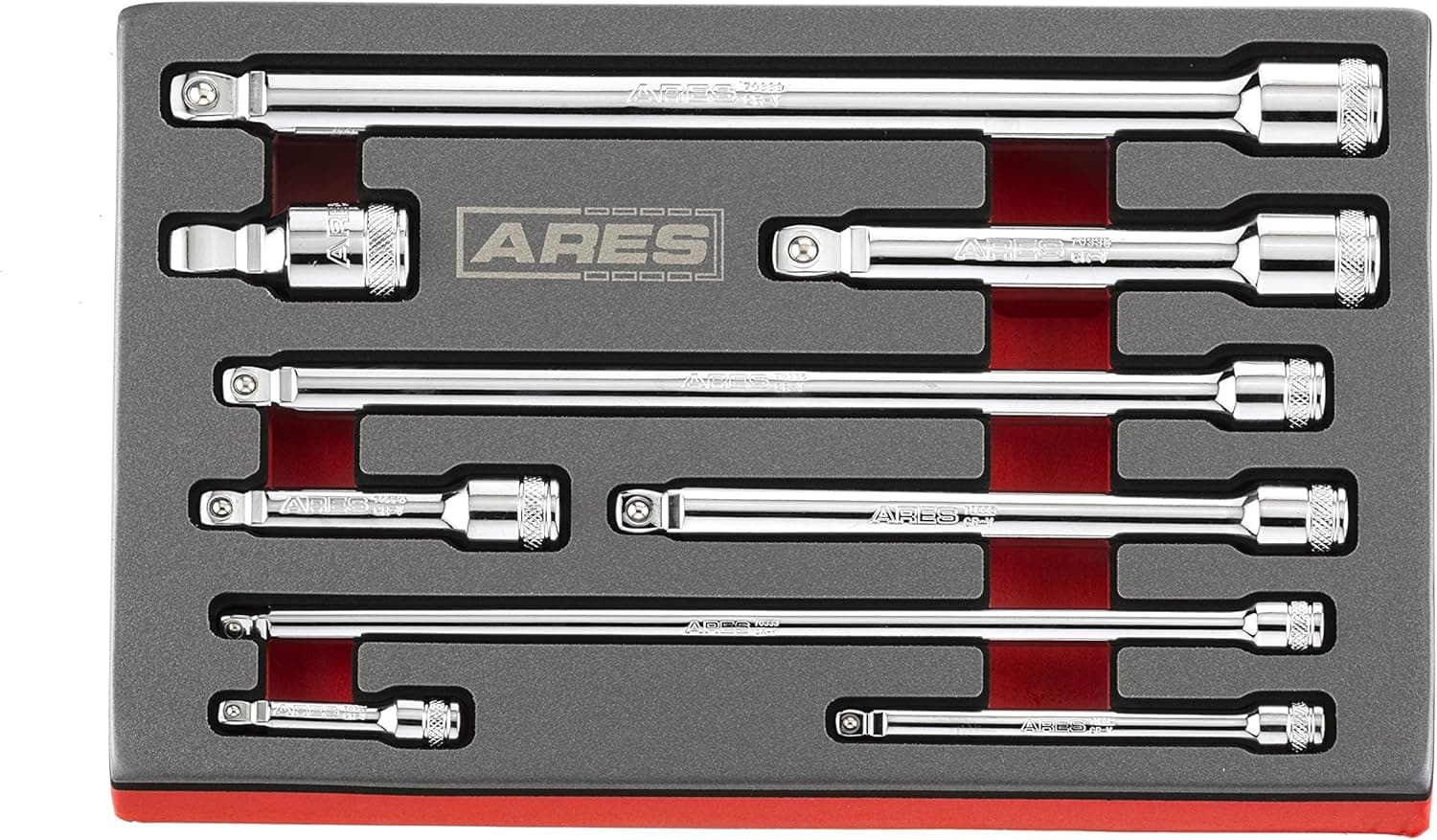 ARES 70330-9-Piece Wobble Extension Set - Premium Chrome Vanadium Steel Construction - 1/4-inch, 3/8-inch and 1/2-inch Drive Sizes Included - Storage Tray Included
