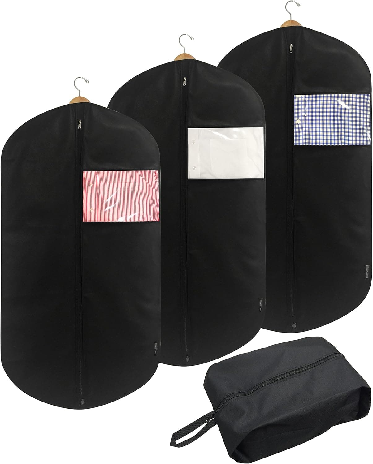 Essex Wares – Set of 3 Breathable 45" Garment Bags / Covers With Shoe Bag - Fold For Travel or Hang in Closet - Store and Protect Your Suits, Dresses, Jackets and Coats. Clear Window To See Inside.
