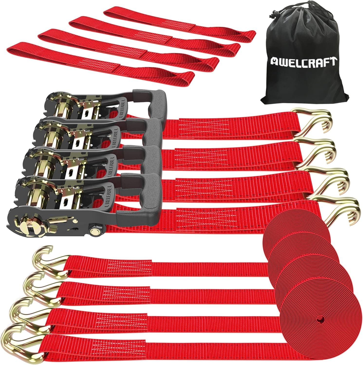 AWELCRAFT Ratchet Straps (4PK) - 4500lbs Breaking Strength 1.5''×15' Heavy Duty Tie Down Straps with Padded Handles, Double J Hooks & Soft Loops for Moving Motorcycle, Trailer & Trucks (Red)