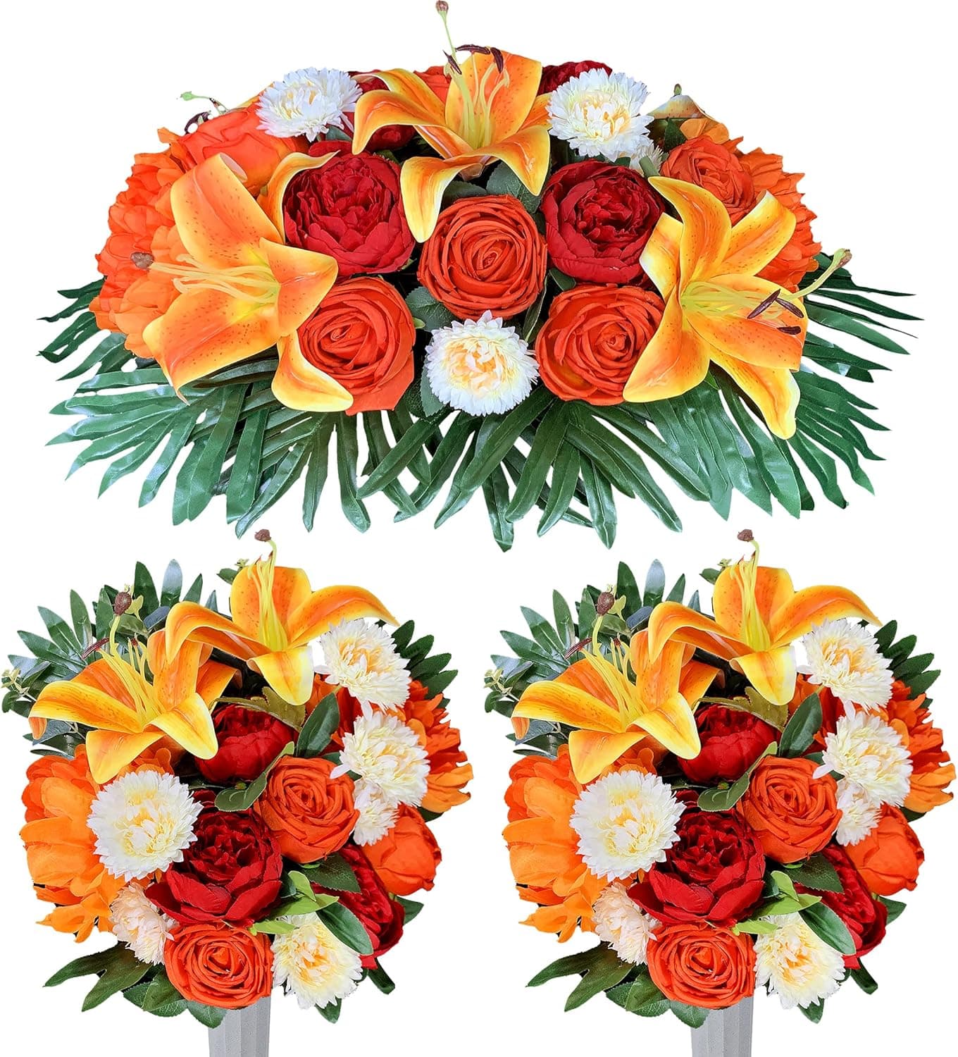 HENOMO Cemetery Saddles Flower for Grave, Colors -Non Bleed,Outdoor Headstone Decorations, Memorial Bouquet Arrangement-Red Orange Peony and Lily with Vases to Easy fit