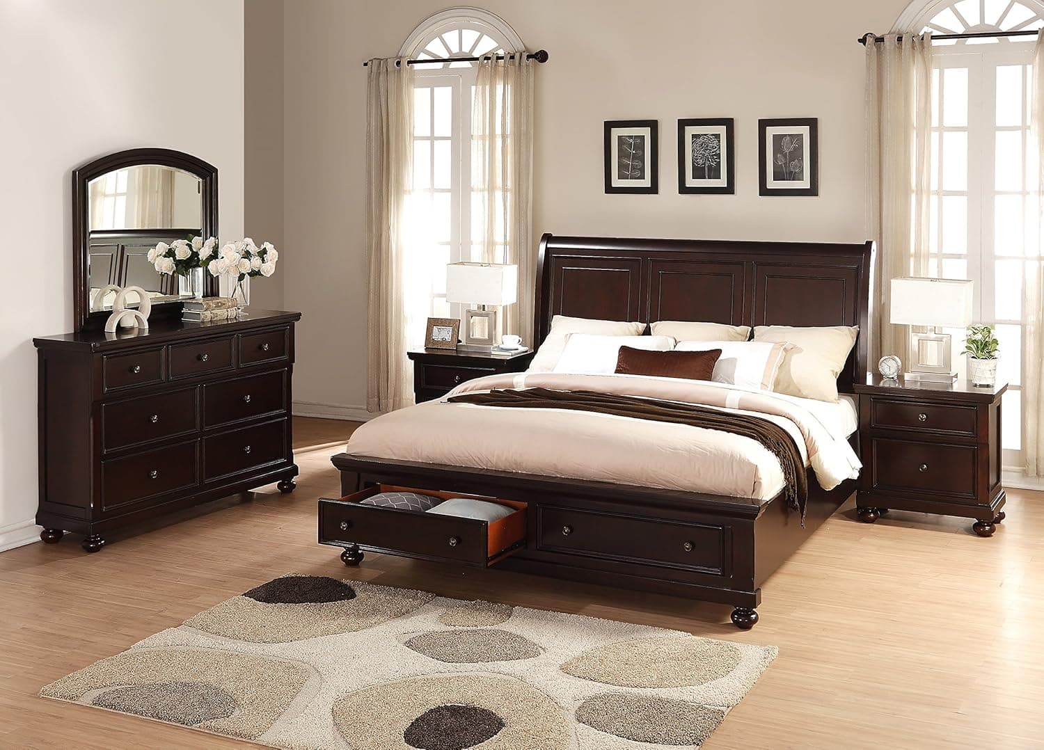 Roundhill Furniture Brishland Storage Bed Room Set, King, Rustic Cherry
