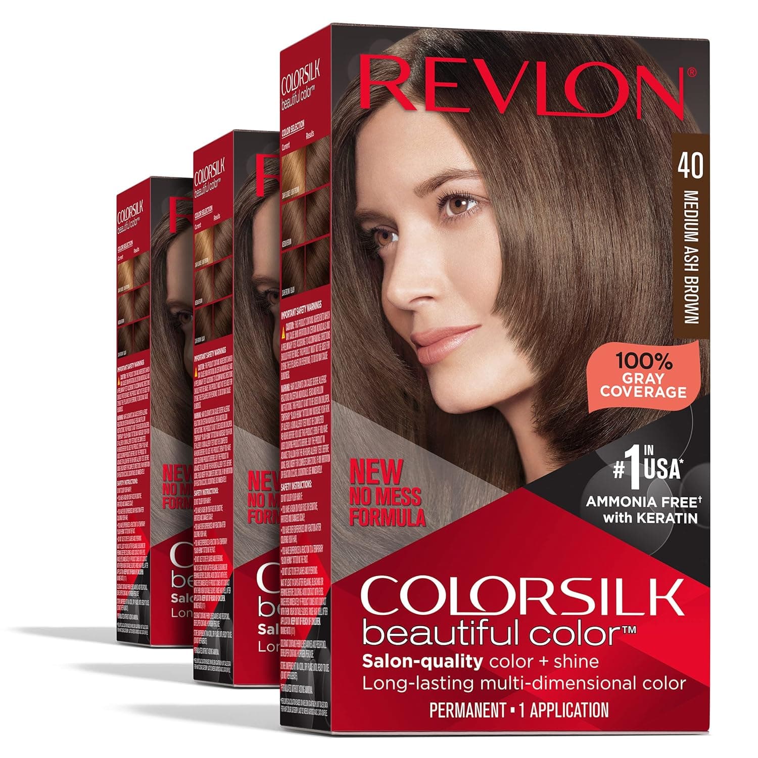 Permanent Hair Color by Revlon, Permanent Brown Hair Dye, Colorsilk with 100% Gray Coverage, Ammonia-Free, Keratin and Amino Acids, Brown Shades (Pack of 3)