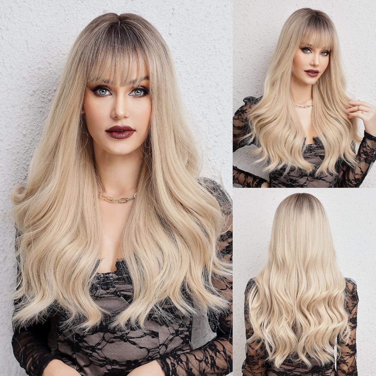HAIRCUBE Ombre Blonde Long Curly Hair Long Hair With Bangs Natural Appearance Heat-Resistant Synthetic Wig Daily Play Party Suitable For Fashionable Women 26 Inches
