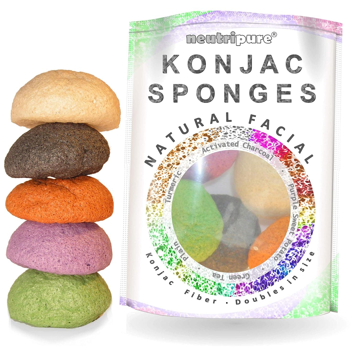 Konjac Sponge Set: Organic Skincare Facial for Natural Exfoliating and Deep Pore Cleansing 5 Piece Sampler Pack Infused with Charcoal, Turmeric, Green Tea