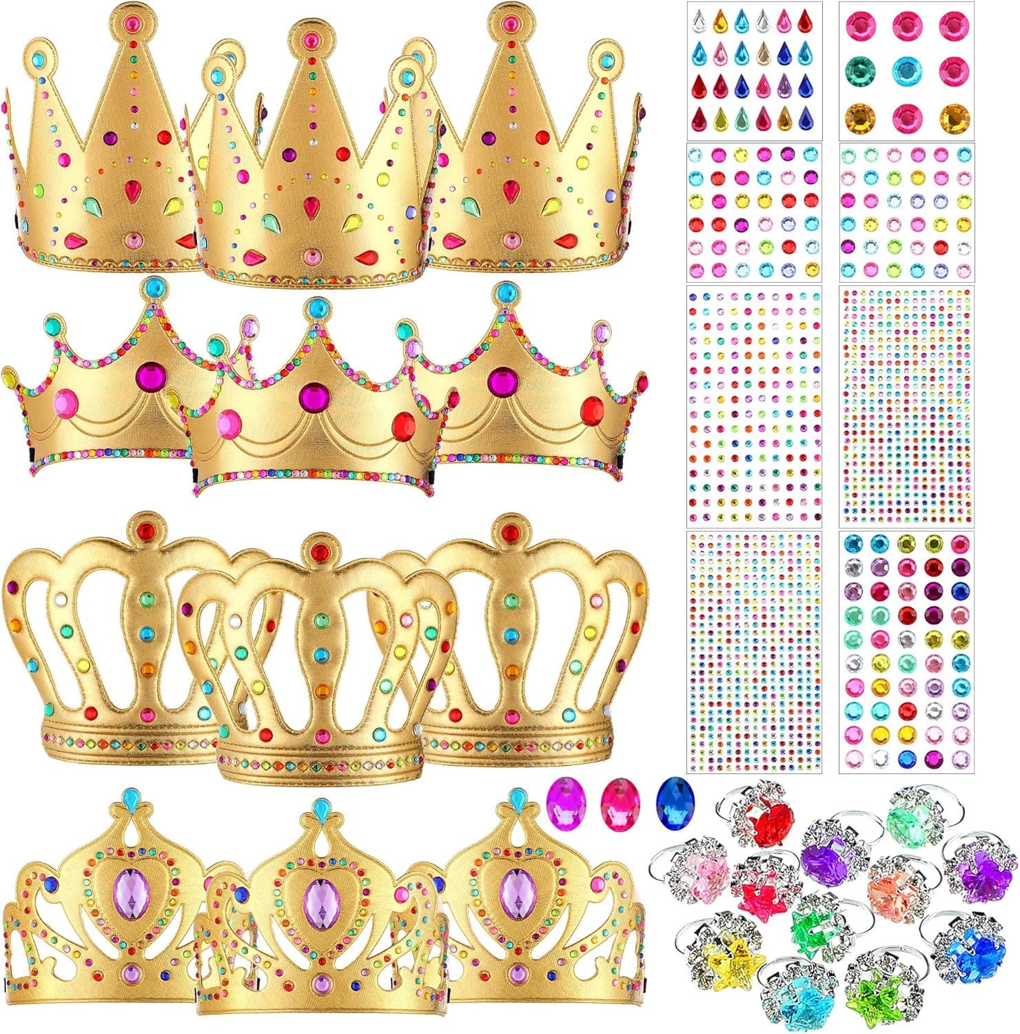 MTLEE 12 Pieces Foam Princess Tiaras Foam Crown Craft with 928 Pieces Gem Stickers Jewels Stickers 12 Gem Rings Party Favors