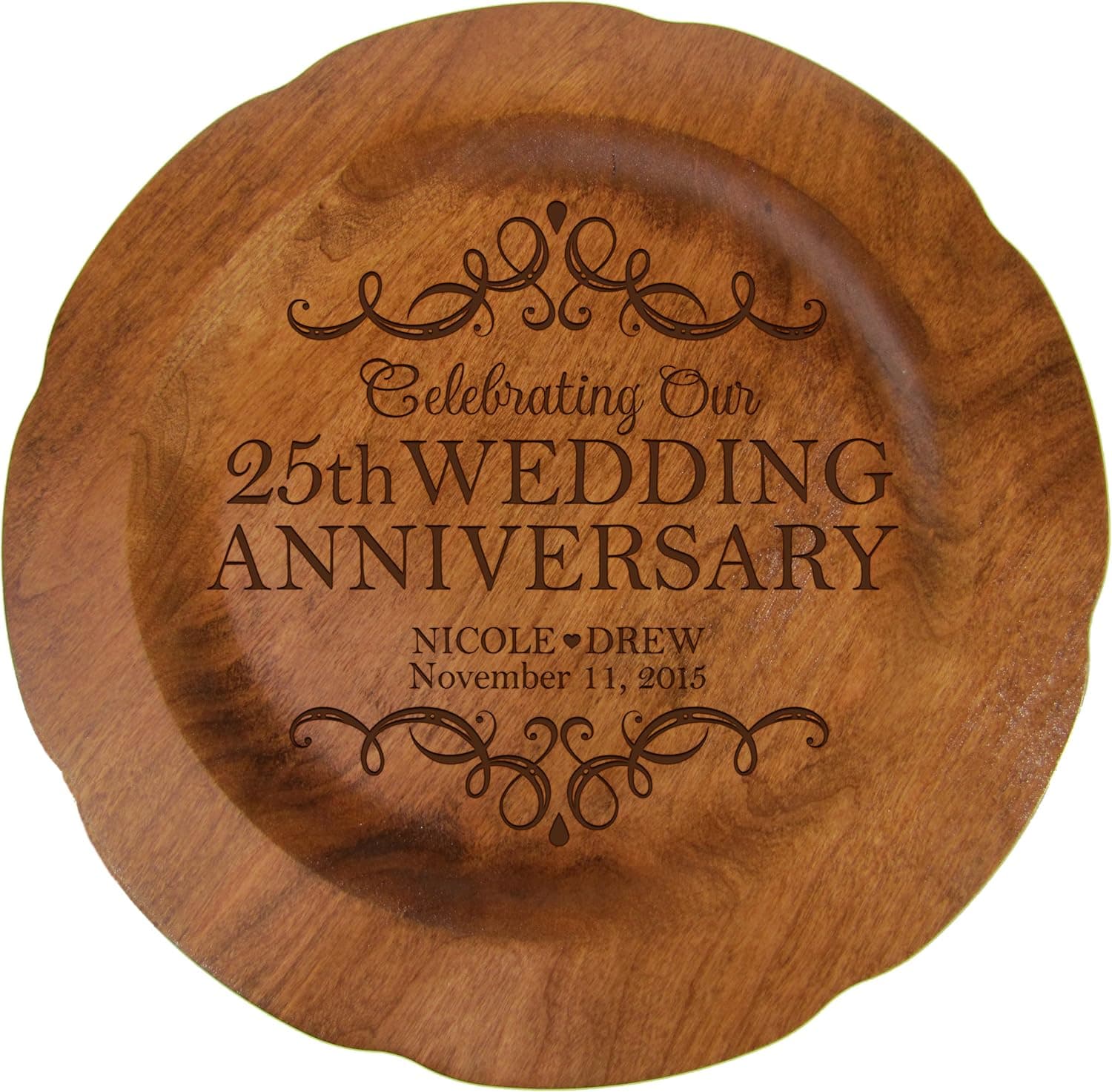 LifeSong Milestones Personalized 25th Wedding Anniversary Plate Gift for Her, Happy 25 Year Anniversary for Him, 12" D Custom Engraved for Husband or Wife USA Made (25th Year with Scrolls)