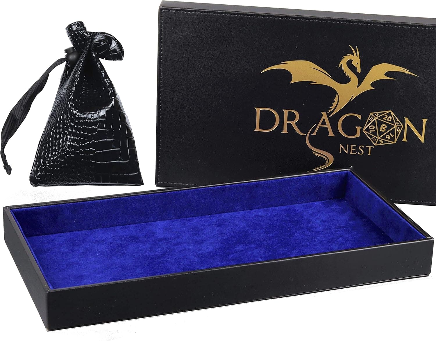 Rectangle Dice Tray with Lid and Dice Bag Set by Dragon Nest Store | Quality Rolling Tray & Leather Storage Bag for DND Metal Dice, Coins