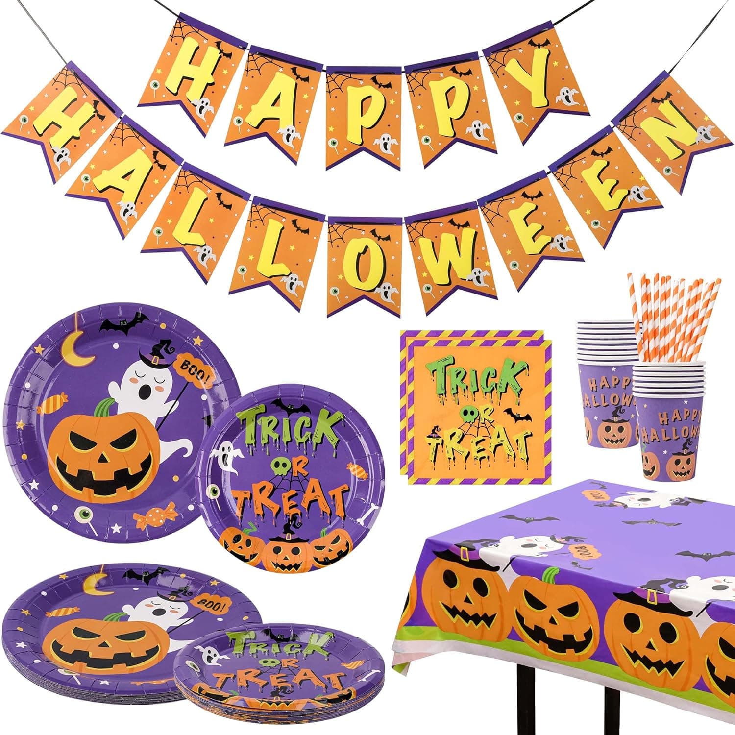 JOYYPOP Halloween Party Supplies Serve 16, 83pcs Halloween Plates and Napkins, Include Plates, Napkins, Cups, Straws, Tablecloth and Banner