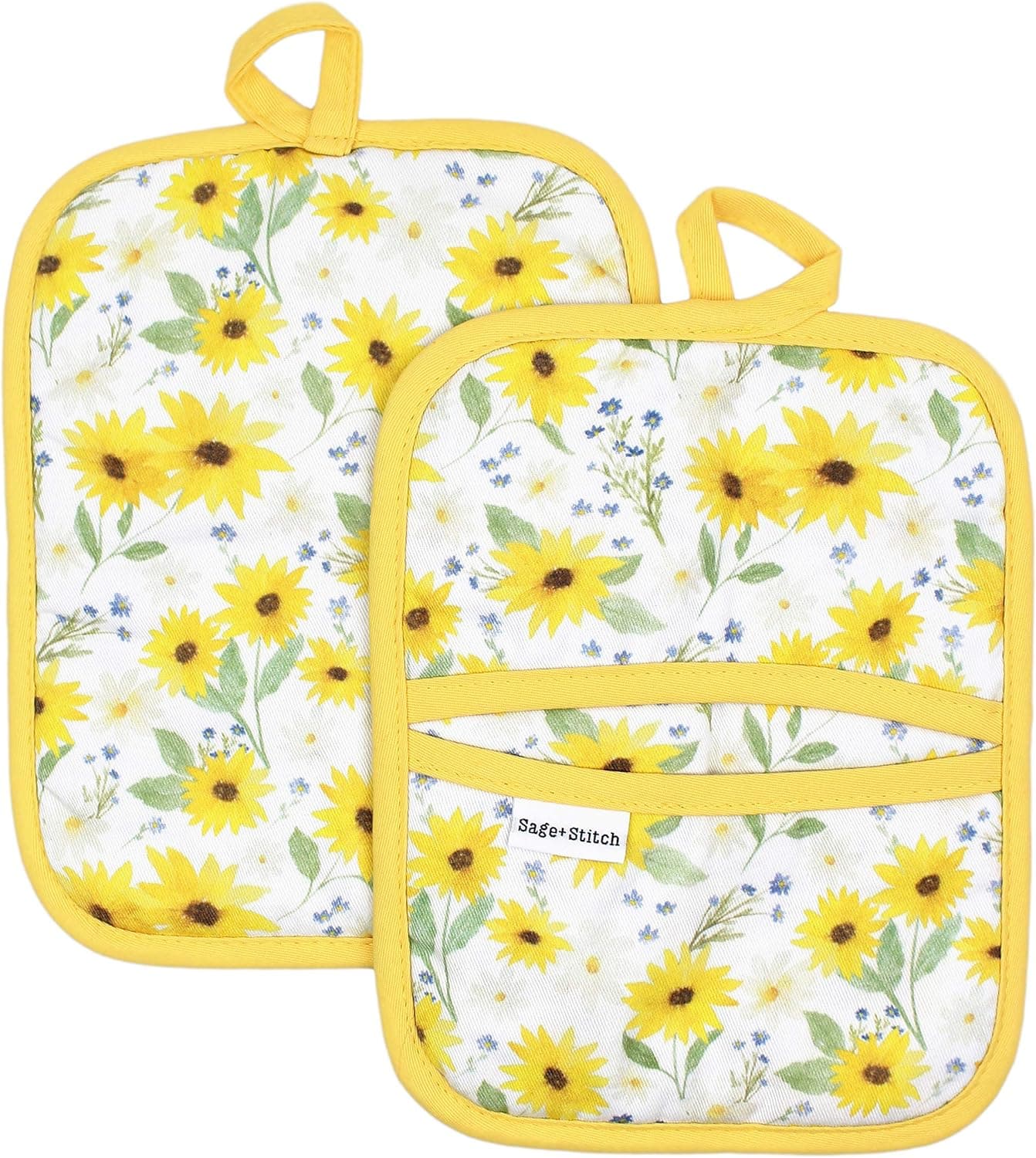 Sage+Stitch Heat Resistant Designer Pot Holders with Hand Pockets and Hanging Loops | Set of 2 100% Cotton Dual Function Kitchen Pot Holders and Trivets | 7'' x 9'' | Sun Flowers