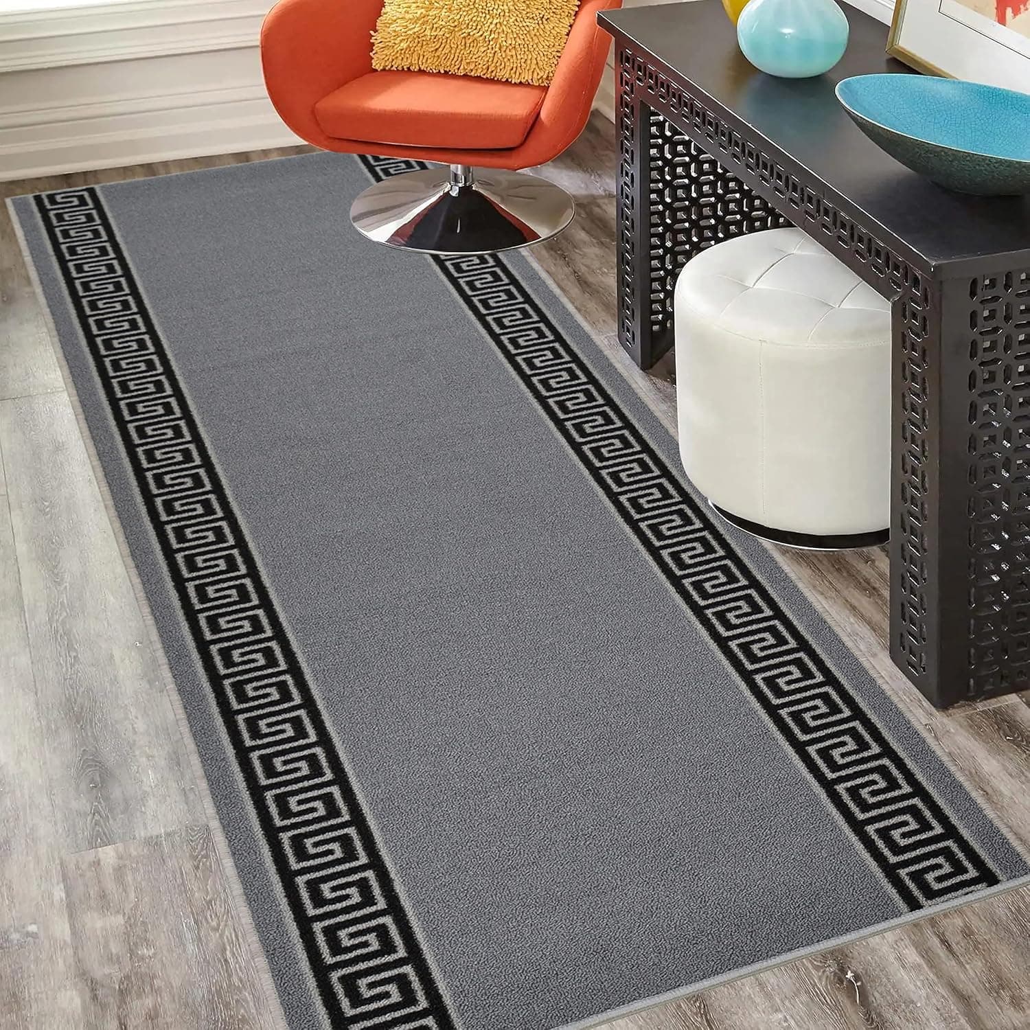 Custom Size Runner Rug Meander Greek Key Design Extra Long Runner Rugs for Hallways 26 Inch Wide X Pick Your Length by Feet Slip Skid Resistant Rubber Back Rug Runners (Grey, 2 ft x 26 in)