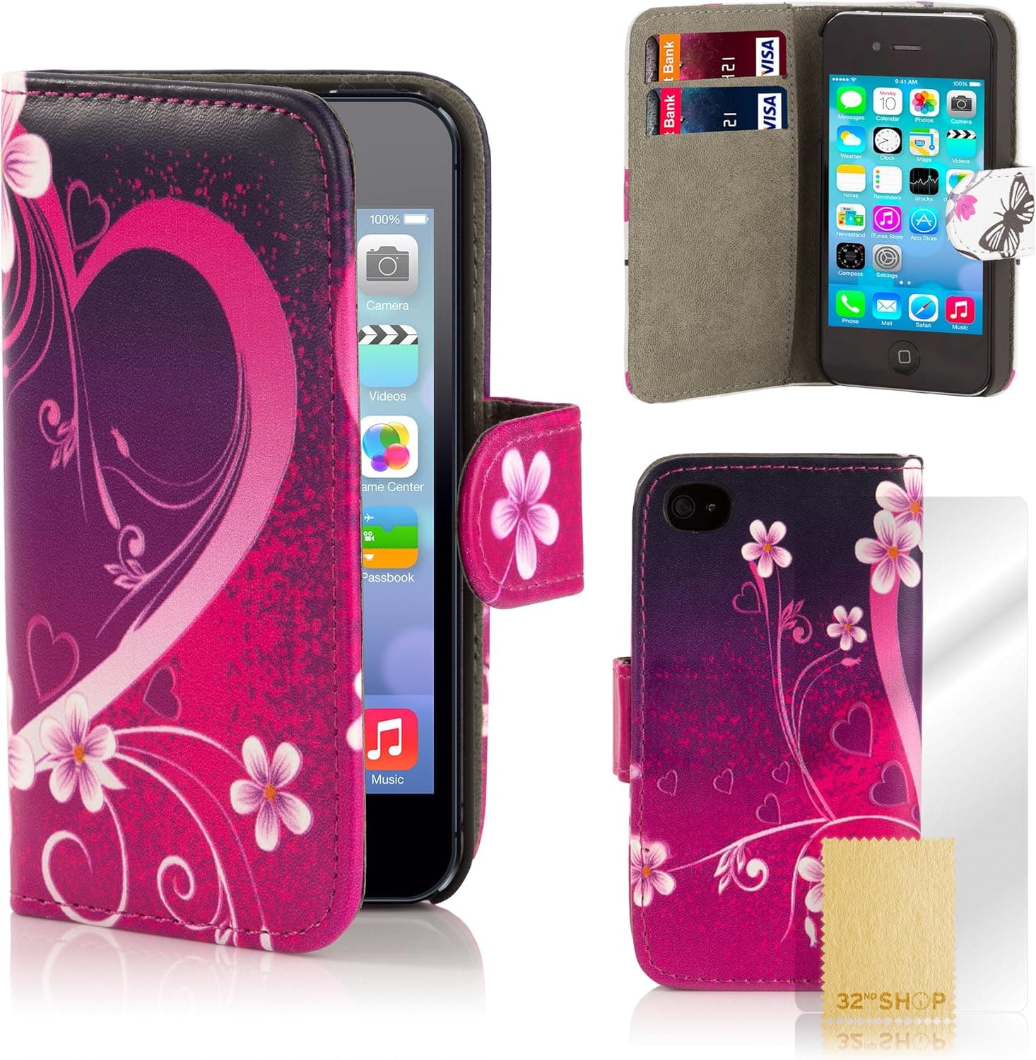 32nd Design Book Wallet Faux Leather Case Cover for Apple iPod Touch 5 (5th generation) - Love Heart