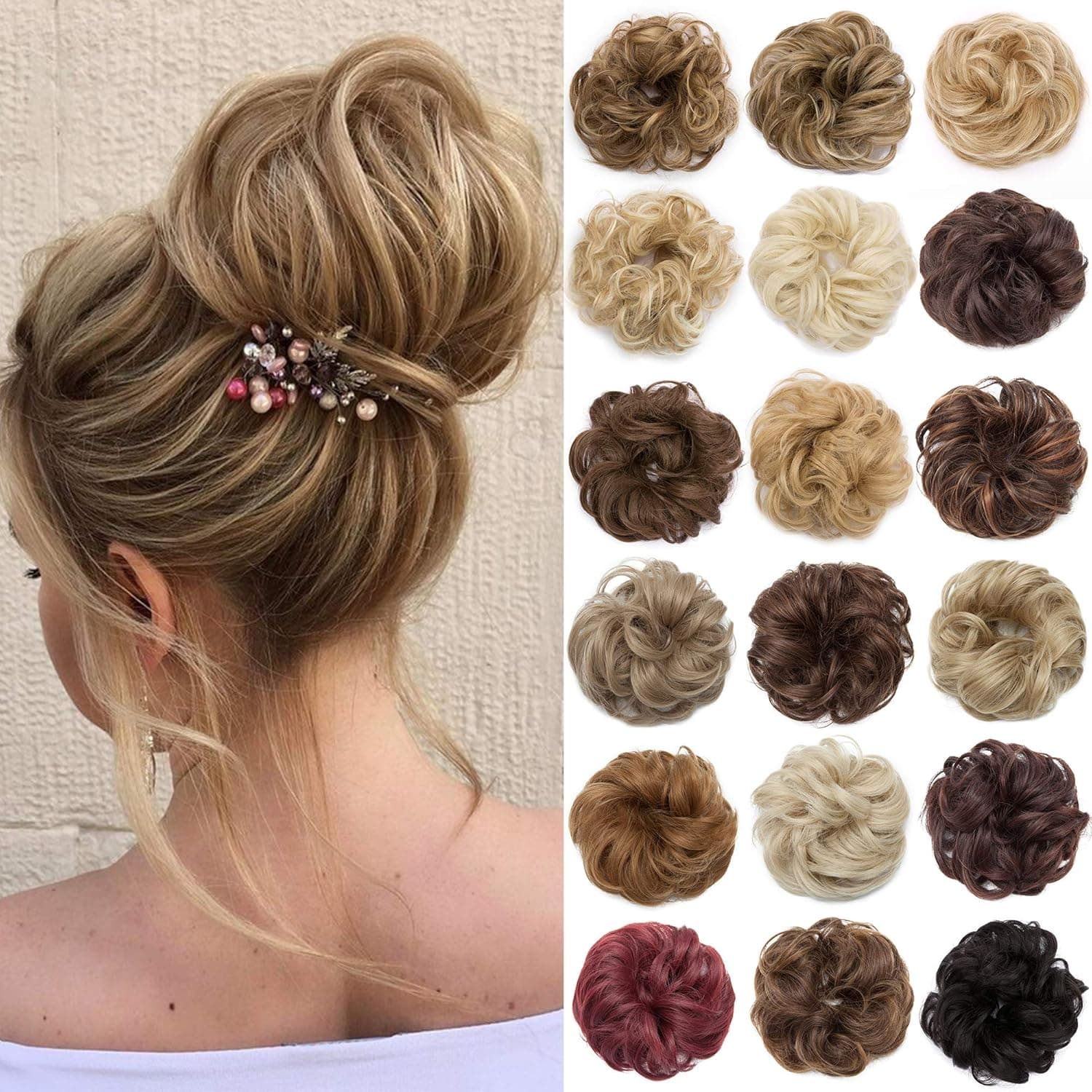 Benehair Hair Bun Hairpiece Scrunchy Updo Hair Pieces Fluffy Scrunchies Donut Hairpiece Synthetic Chignons With Elastic Rubber Band Light Ash Brown to Bleach Blonde 1pc 25g