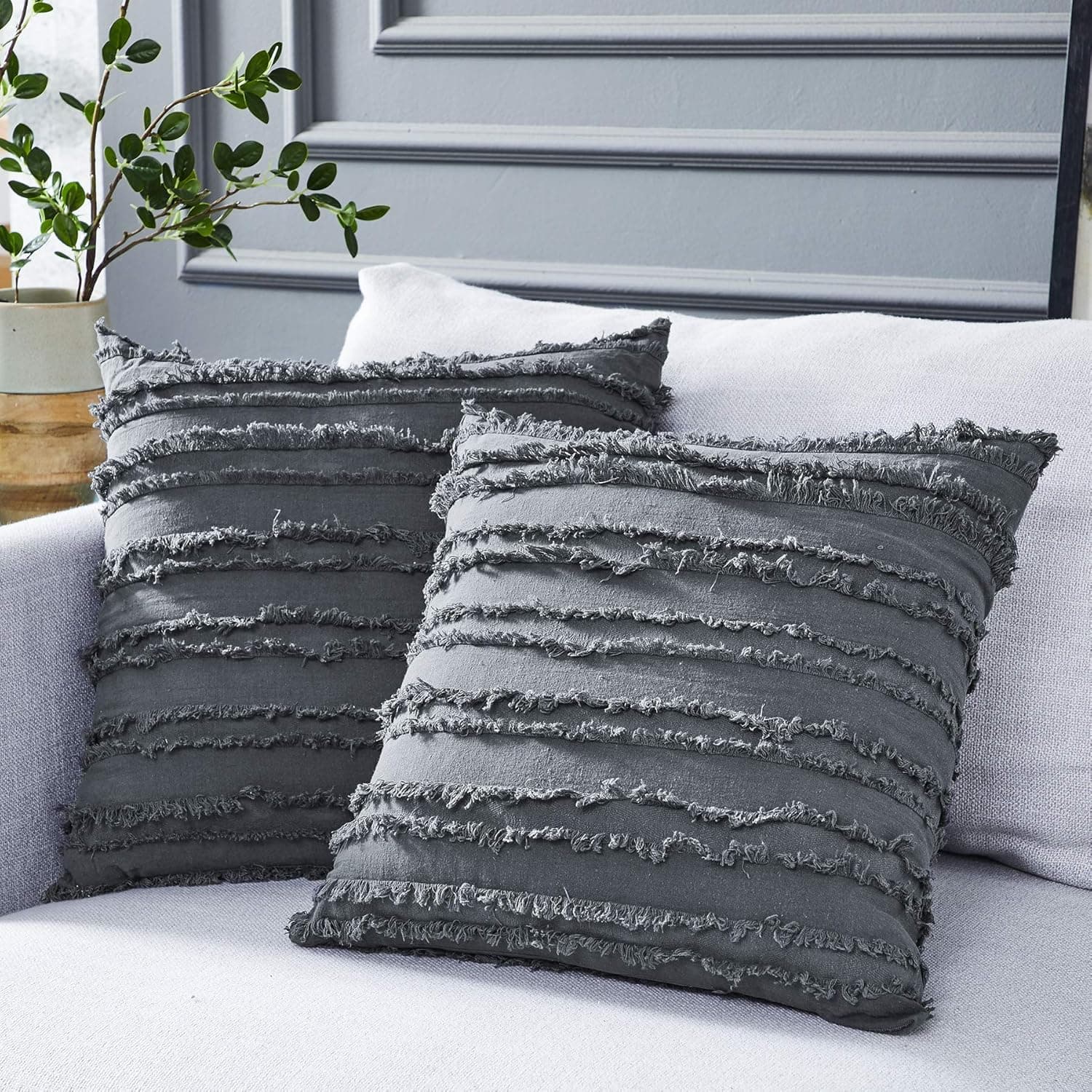 Longhui bedding Medium Grey Throw Pillow Cover for Couch Sofa Bed, Cotton Linen Decorative Pillows Cushion Covers, Gray Color 22 x 22 inches, Set of 2