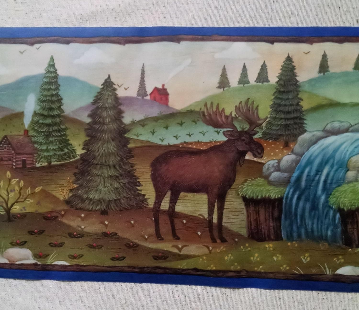 Lodge Moose Bears Camping Cabin Wallpaper Border - Blue - 31326320