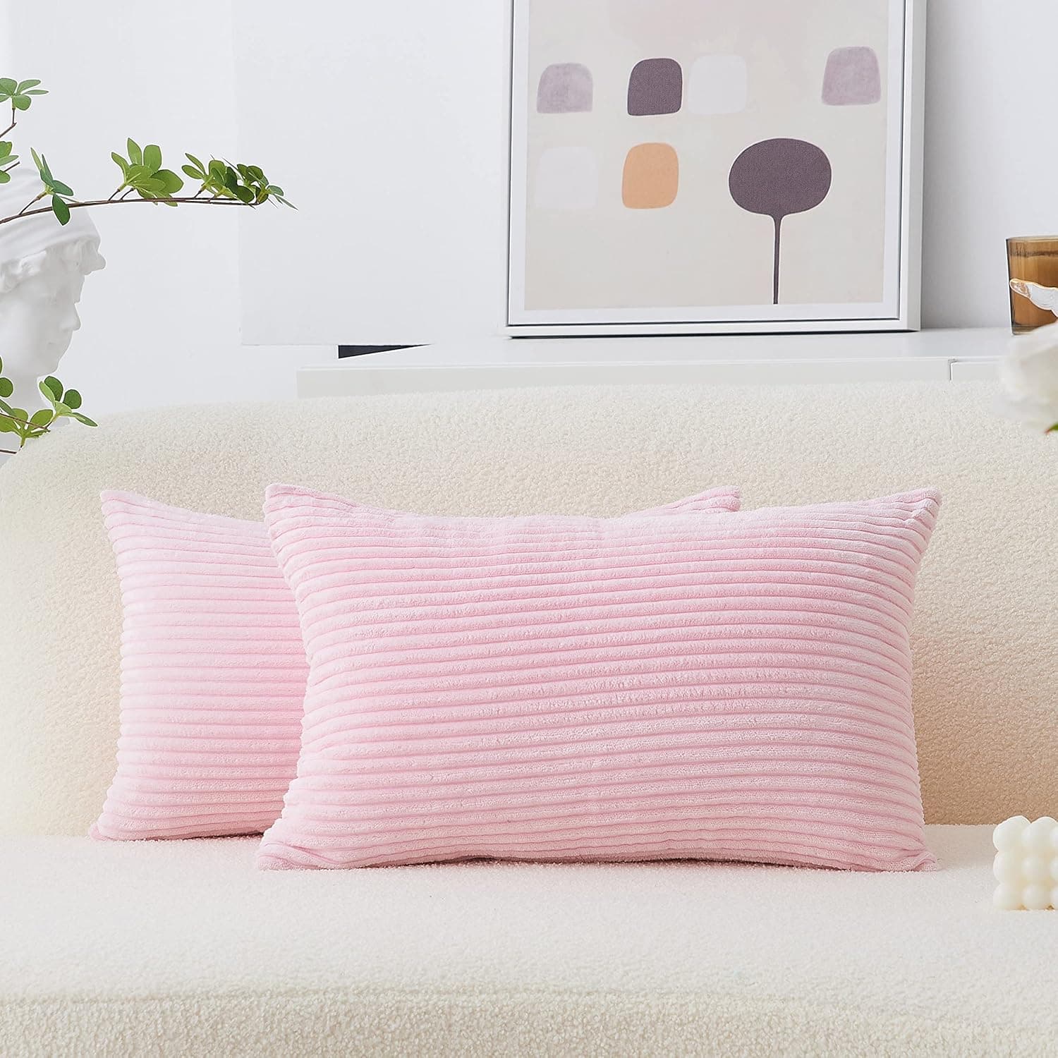 Home Brilliant Pink Lumbar Pillow Cover 12x20 Soft Striped Velvet Accent Pillows for Bedroom Decorative Pillow Covers for Party, 12 x 20 inch, Blush Pink