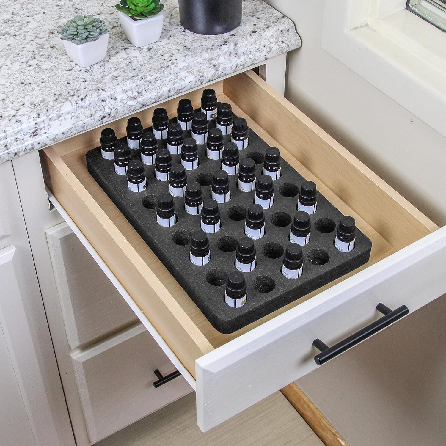 Polar Whale Essential Oil Drawer Organizer Elegant Modern Durable Black Foam for Home Bathroom Bedroom Office Washable Waterproof Holds 45 Bottles (5ml to 15ml) 14.9 x 9.5 Inches