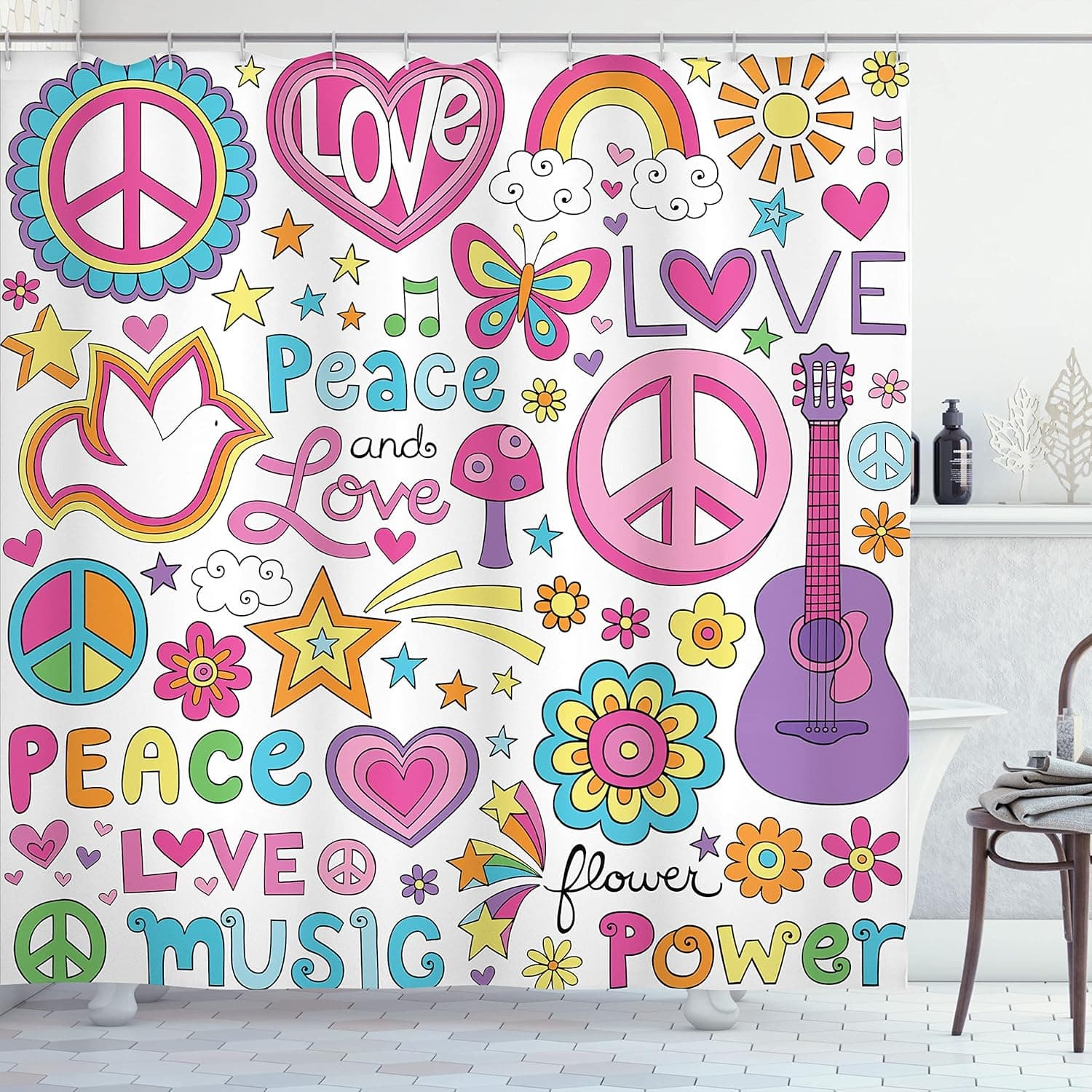 Ambesonne 1960s Shower Curtain, Hippie Art Psychedelic Notebook Sketches of Sun Rays Sunny Floral Birds Guitar Flower and Happy Stars, Cloth Fabric Bathroom Set with Hooks, 69" W x 70" L, Yellow Blue