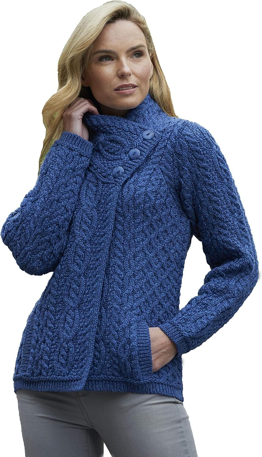 Aran Crafts Women's Irish Cable Knitted 3 Button Jacket (100% Merino Wool)