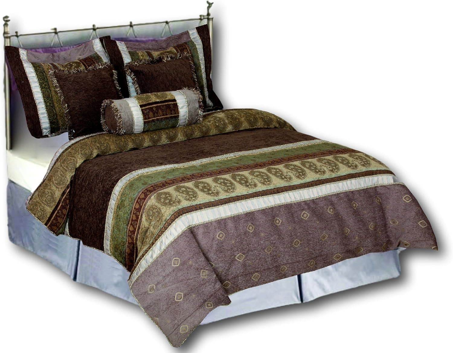 Tache Striped Paisley Comforter Set - Autumn Meadow - 6 Piece Heavy Weight Brown Jacquard Chenille Bedding Set, Queen