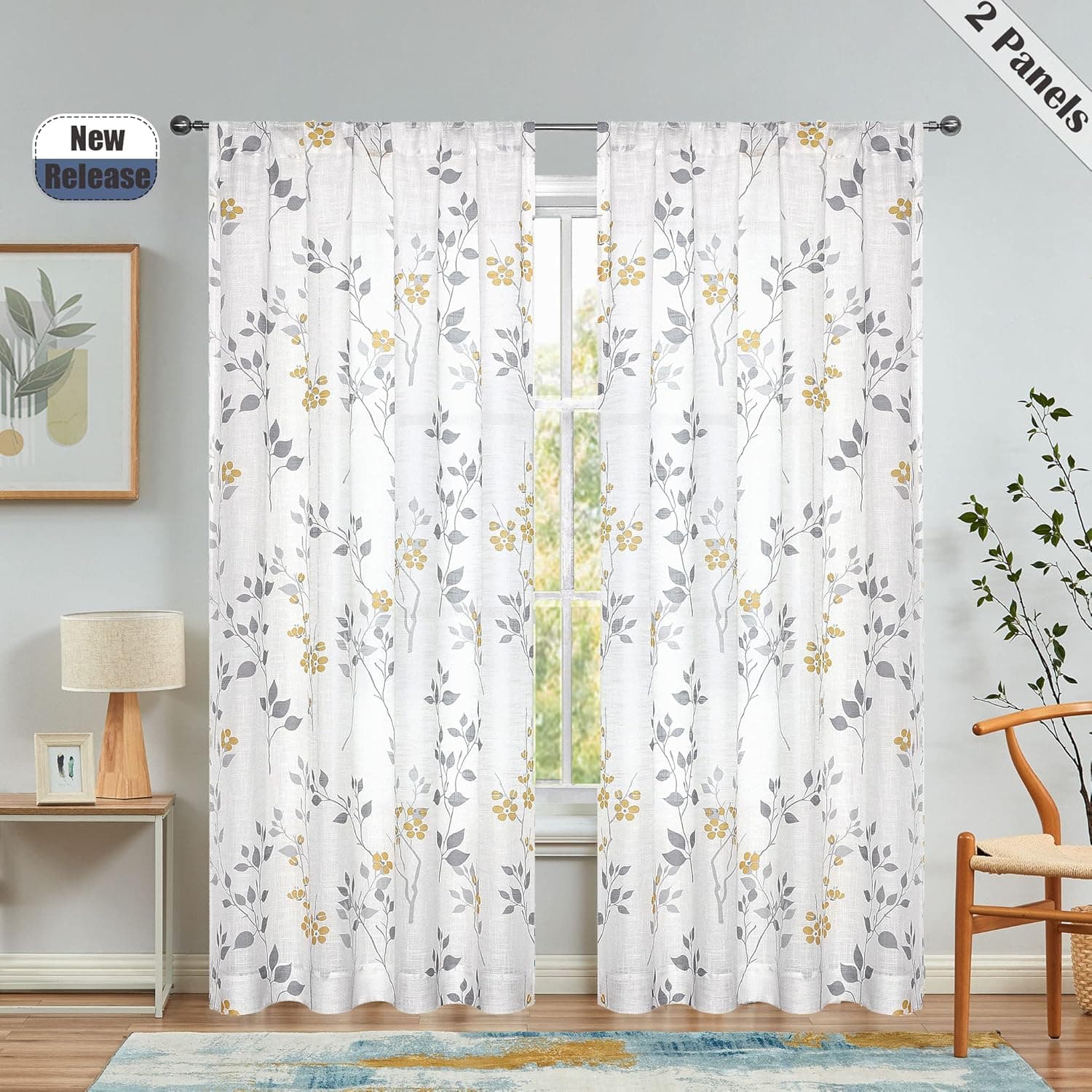 Beauoop Semi Sheer Window Curtains 63 Inch Long Floral Leaf Botanical Print Panels Vintage Classical Linen Texture Drapes for Bedroom/Living Room Rod Pocket Window Treatment,50"W,Yellow/Gray(2 Panels)
