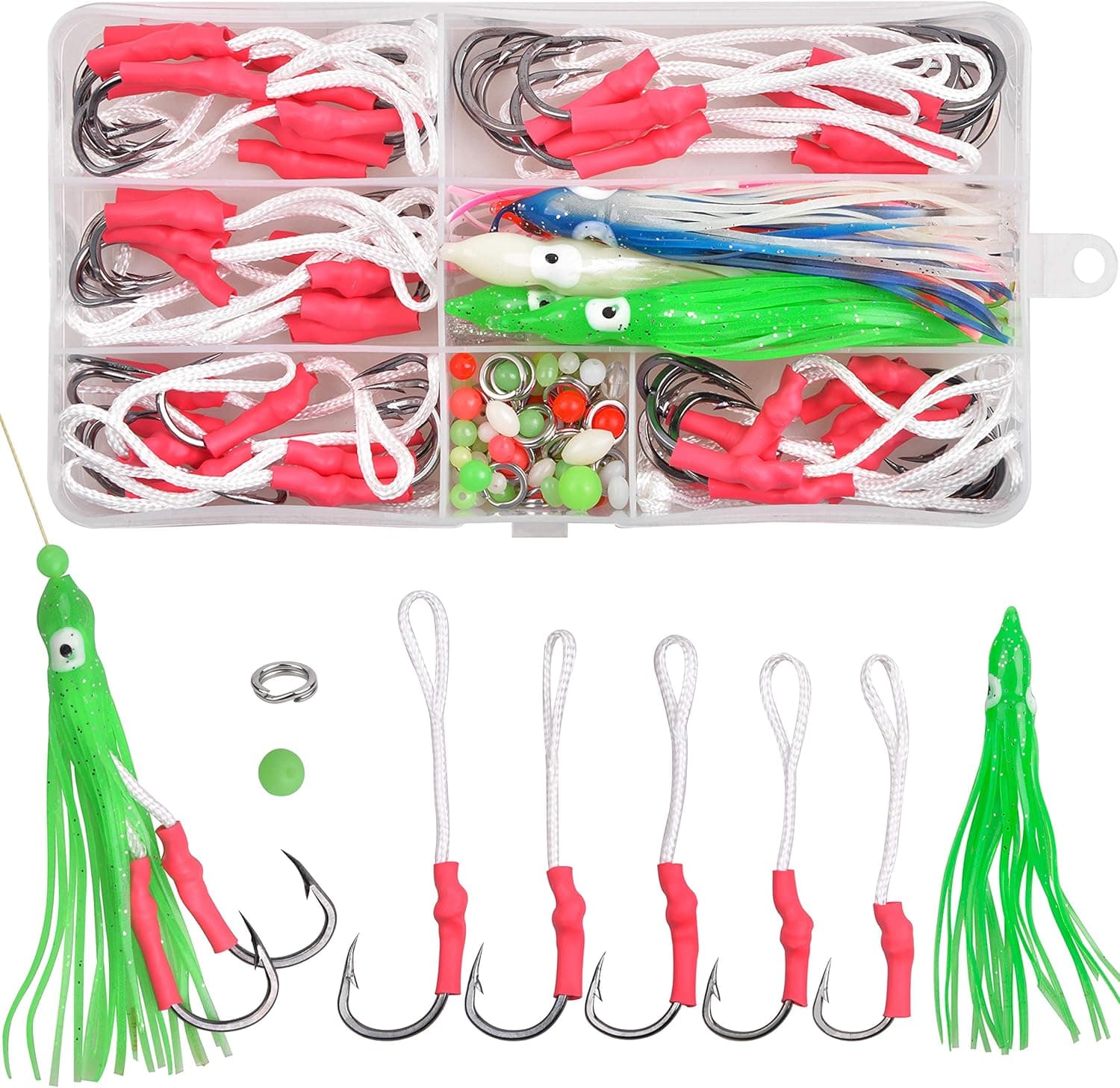 Shaddock Fishing Assist Hook Set – 100pcs PE Line with Hook Red Jigs Hook Butterfly Multicolor Octopus Squid Skirts Split Ring Luminous Bead Tackle Kit