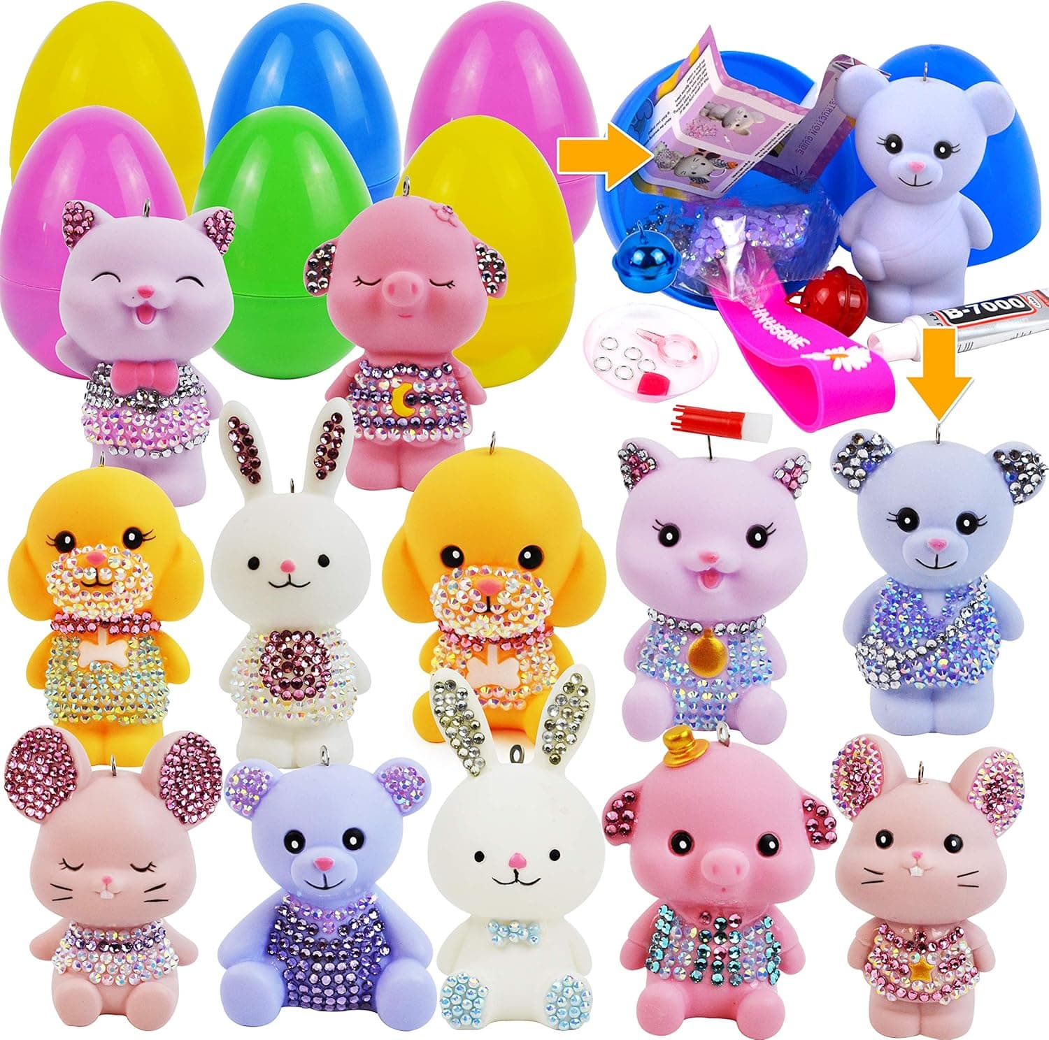 JOYIN 12 PCS Prefilled Easter Egg with Gem Painting Kits Diamond Keychains, Make Your Own Easter Characters and Diamond Painting Arts, Easter DIY Craft Creativity Activity, Easter Egg Hunt Basket Stuffer