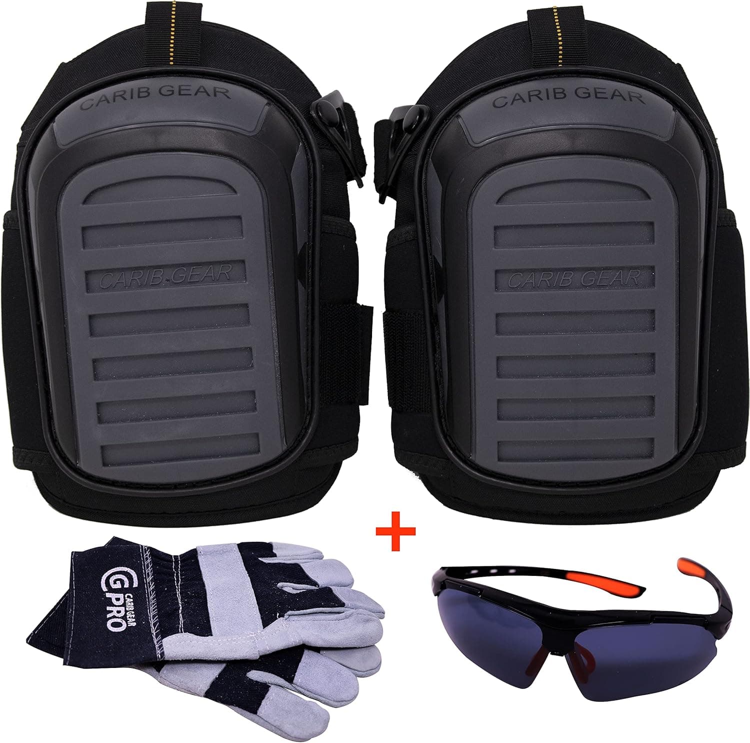 Knee Pads Construction Heavy-Duty Work Knee Pads - Professional Non-Slip Hard-Shell Tactical Knee Protector with Safety Glasses & Leather Gloves - Gel Cushion Support - For Construction, Gardening, Carpentry By Carib Gear Pro
