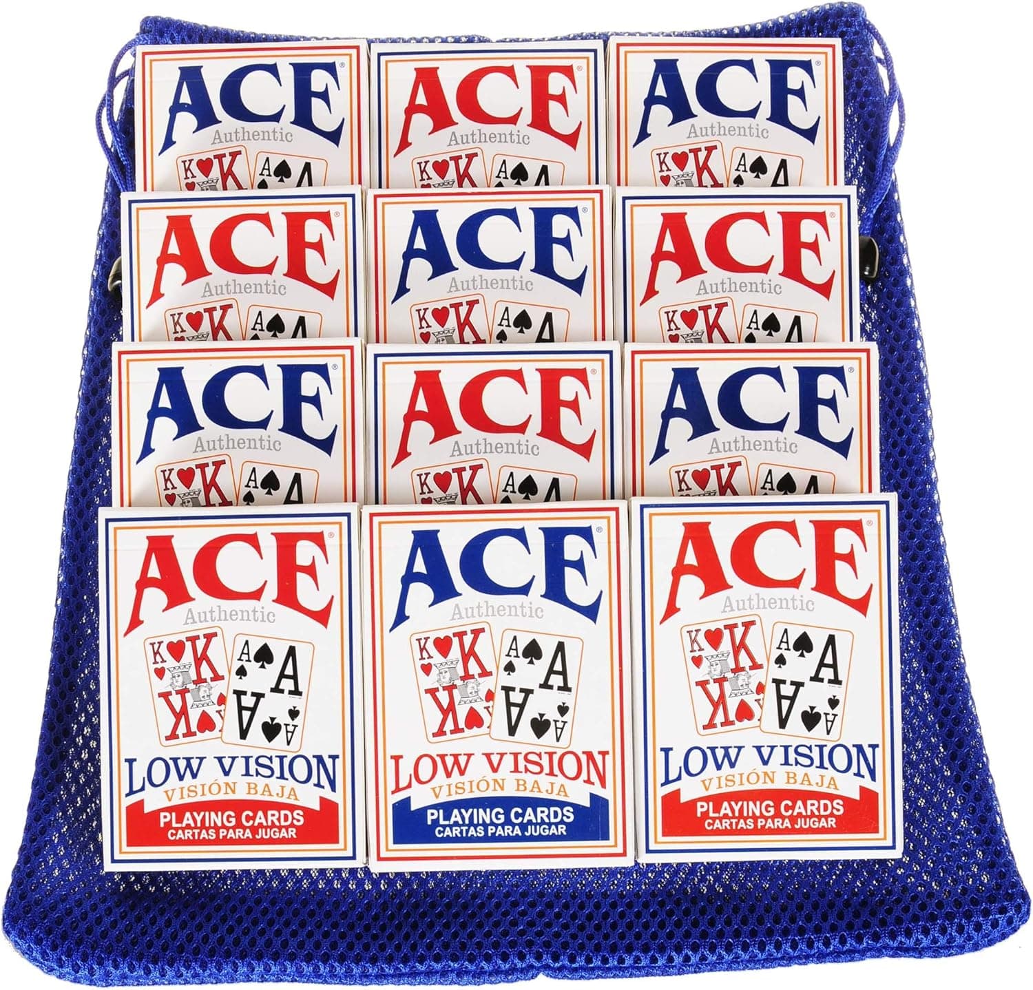 Low Vision, Very Big Numbers Playing Cards, Bundle of 12 Decks, Nylon Mesh Blue Drawstring Carry Bag, Bundled Items