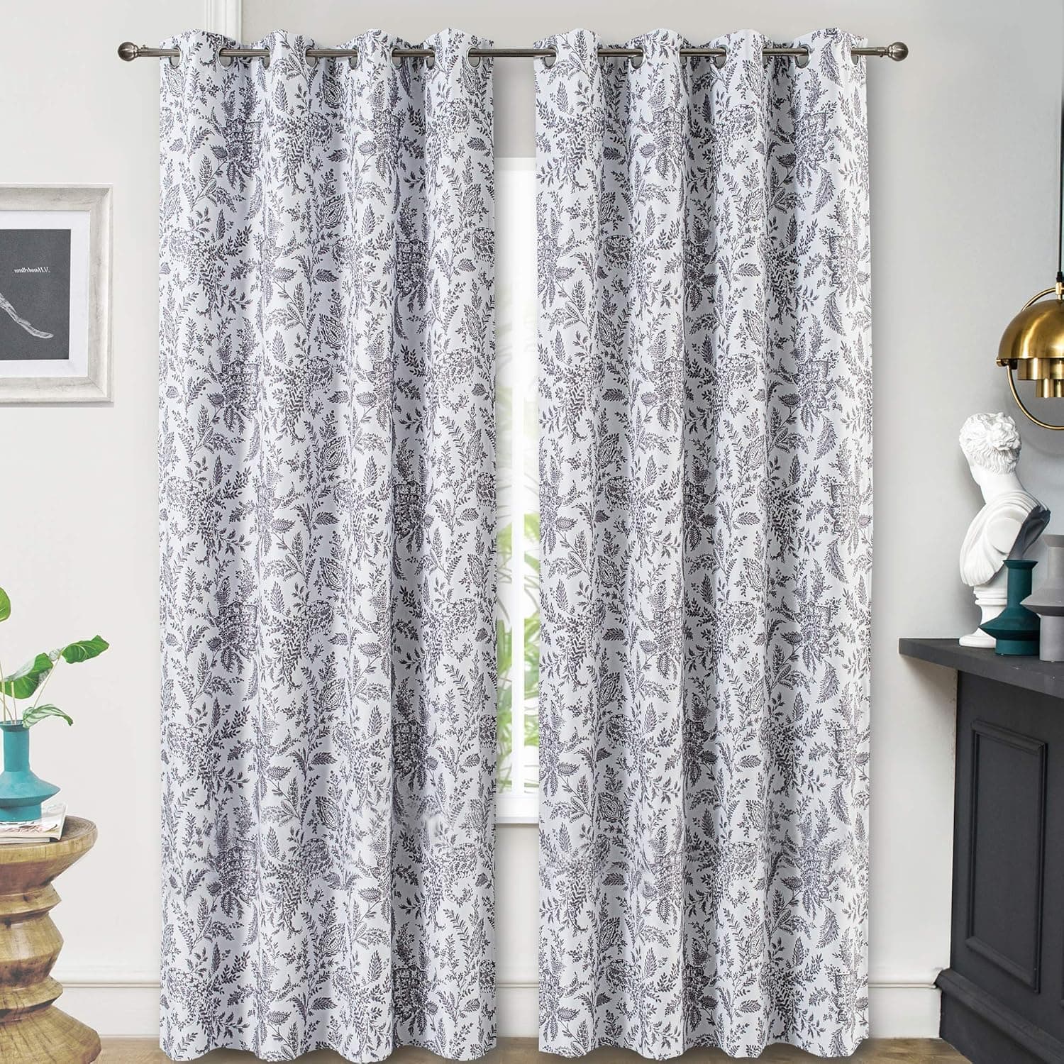 DriftAway Isla Paisley Floral Printed Pattern Blackout Room Darkening Thermal Insulated Grommet Lined Window Curtains 2 Panels Each 52 Inch by 84 Inch Gray