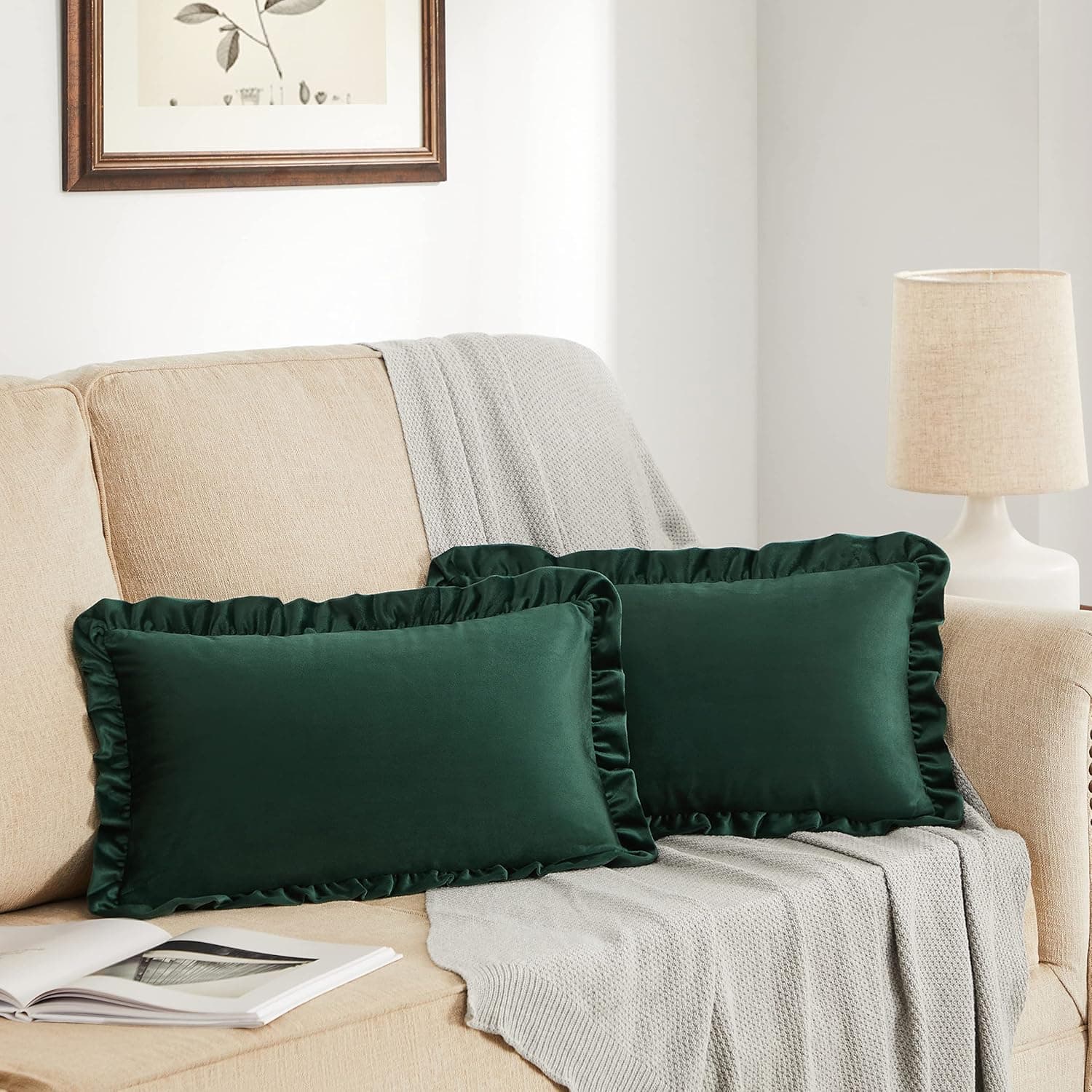 GIGIZAZA Army Green Lumbar Throw Pillow Covers, 12x20 Decorative Velvet Ruffle Cushion Pillow Covers for Sofa Couch Set of 2
