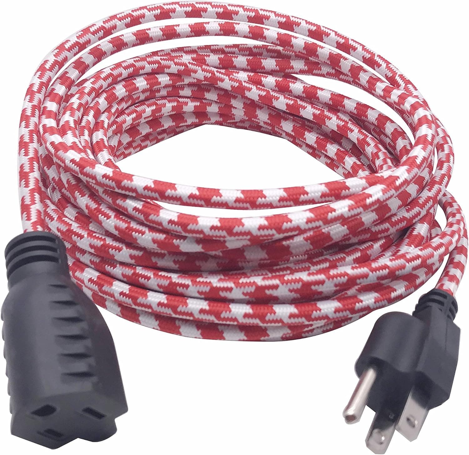Sunye Enchanted Spaces Extension Cord with Fabric Houndstooth, 25 Feet, SJTW 18AWG/3C (Red&White)