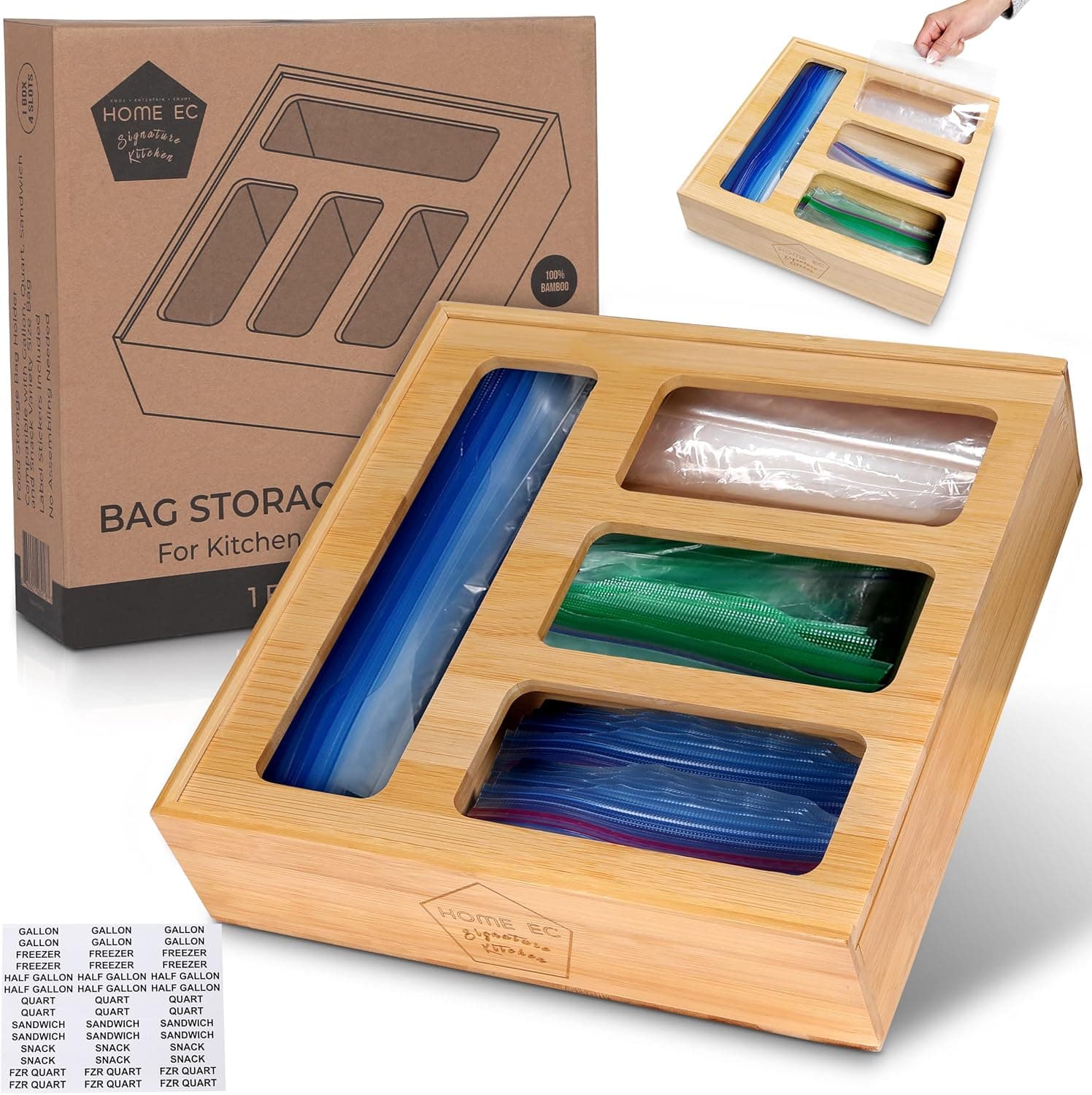 HOME EC Bamboo Ziplock Bag Organizer for Drawer - Plastic ziploc Bag Organizer for Drawer - Baggie Organizer for Drawer - Storage Bag Organizer Kitchen Drawer - Plastic Bag Organizer for Drawer