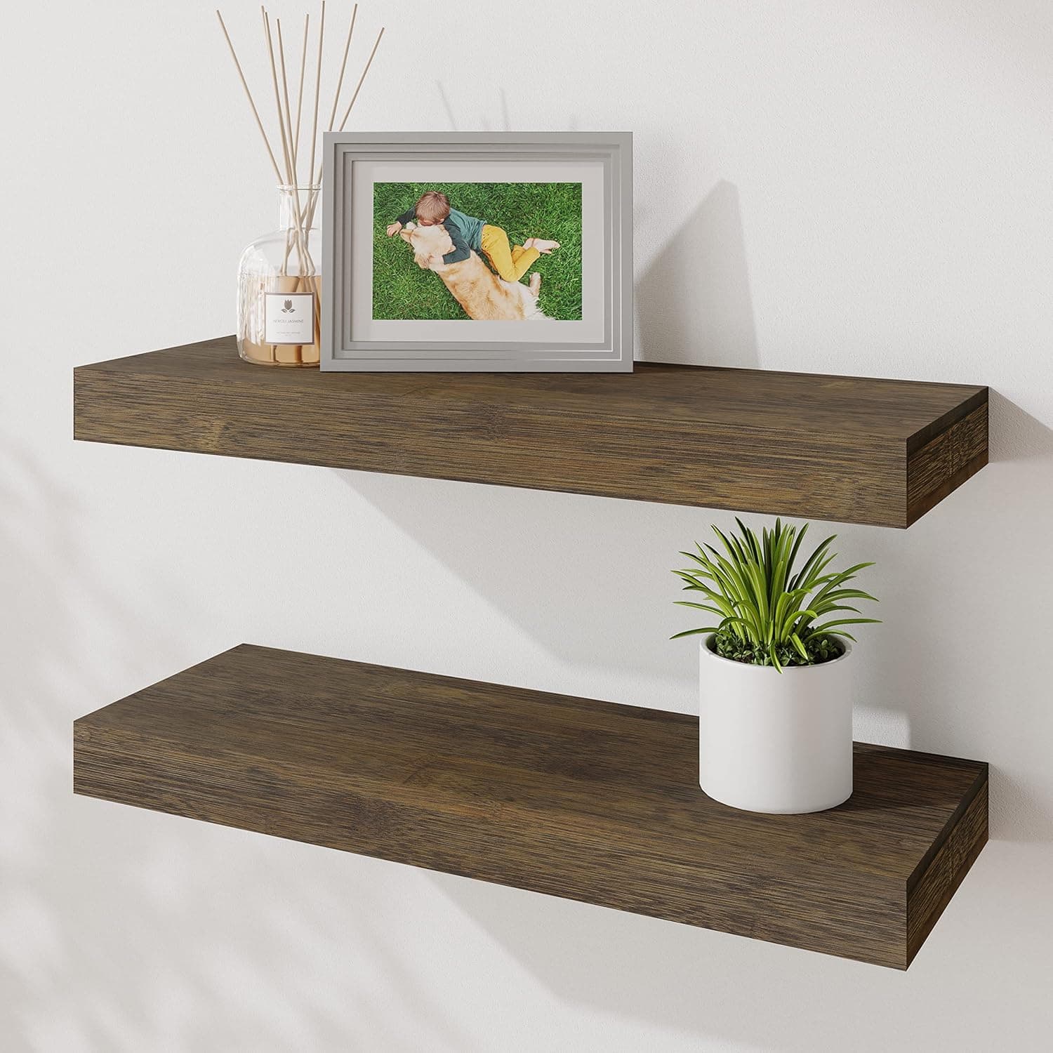 BAMFOX Floating Wall Shelf Set of 2,Natural Bamboo Wall Decor Storage Shelf,Wall Mount Display Rack for Bedroom, Living Room, Bathroom, Kitchen, Office and More