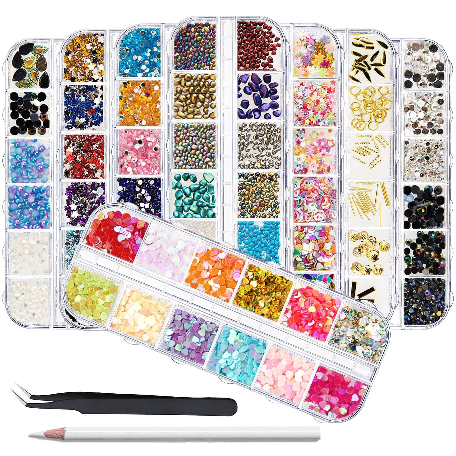 EBANKU 8 Boxes Nail jewels Rhinestones Gems, Color Nail Crystal Rhyme Stones Rhinestones with 1 Piece Tweezers and 1 Piece Wax Pencil for Acrylic Nail Face Rhinestones Crafts