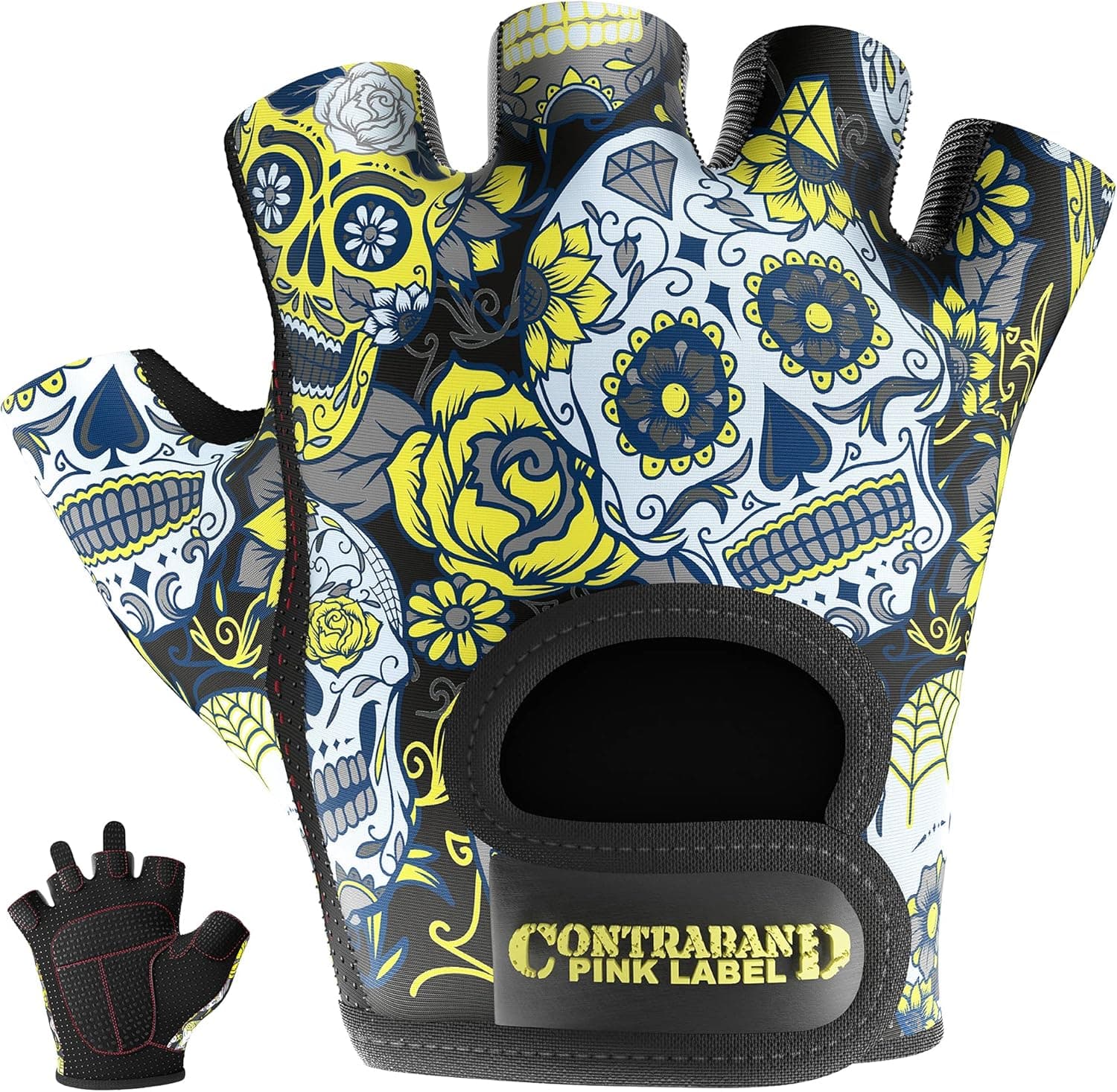Contraband Pink Label 5237 Designer Series Workout Gloves for Women | Sugar Skull Print Weight Lifting Gloves for Women w/ Grip-Lock Padding | Gym Gloves for Women w/ Medium Padding (Yellow, X-Small)