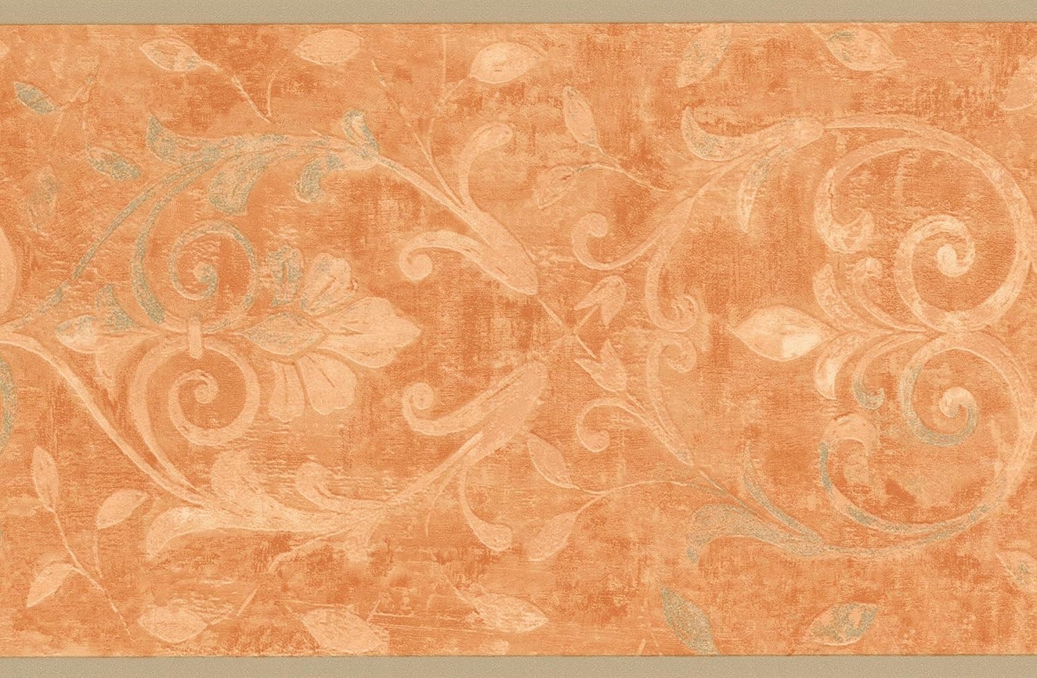 Coconut White Vines on Orange Damask Wallpaper Border Vintage Design, Roll 15' x 7.5''