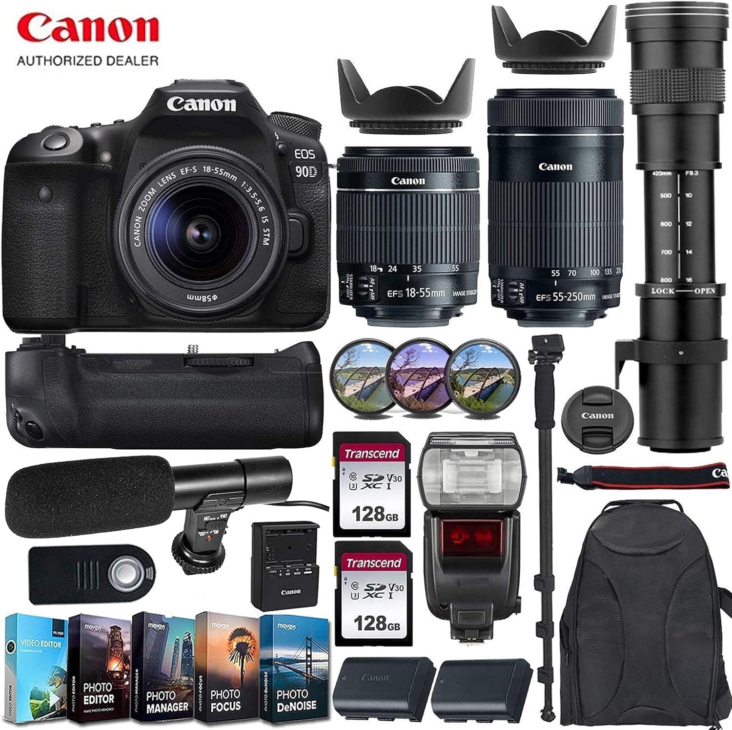 Canon EOS 90D DSLR Camera with Canon 18-55mm STM Lens + Canon 55-250mm STM & 420-800mm Telephoto Preset Zoom Lens + Travel & Video Bundle (TTL Flash, Commander Microphone and More)