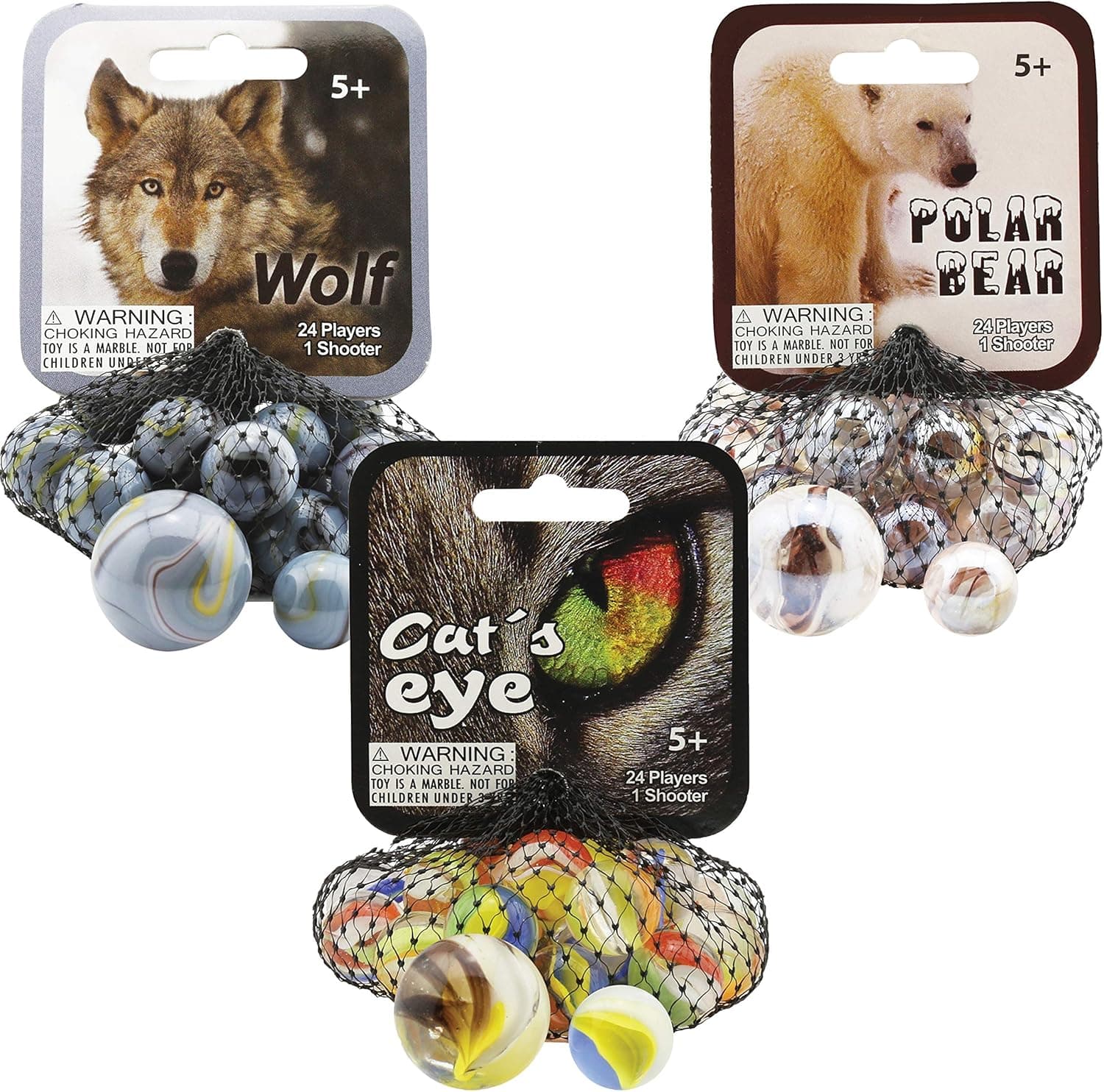 Mega Marbles 3 Pack - Wolf, Cat's Eye, Polar Bear Game Nets - Includes 1 Shooter Marble & 24 Player Marbles Per Net