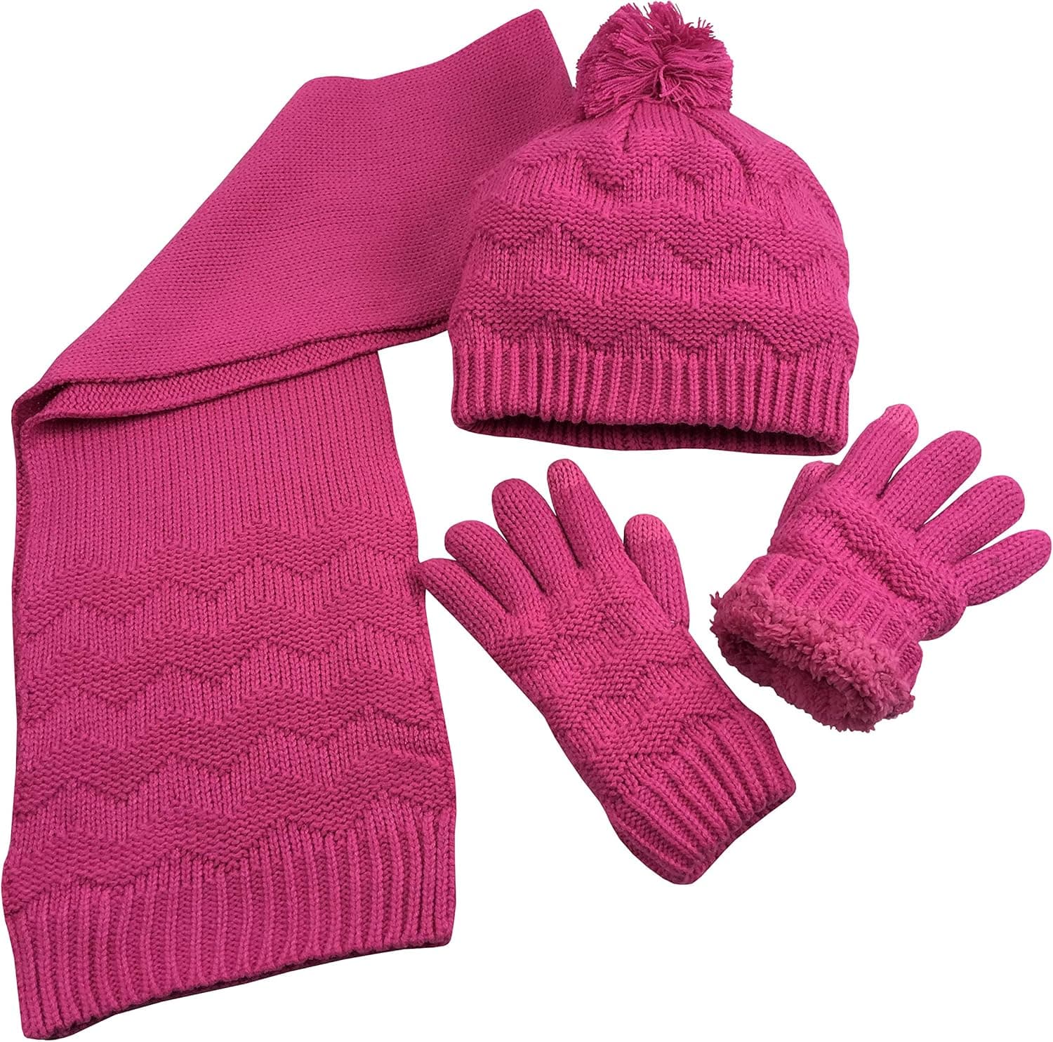 N'Ice Caps Girls Warm Sherpa Lined Cable Knitted Glove/Hat/Scarf 3 Piece Set