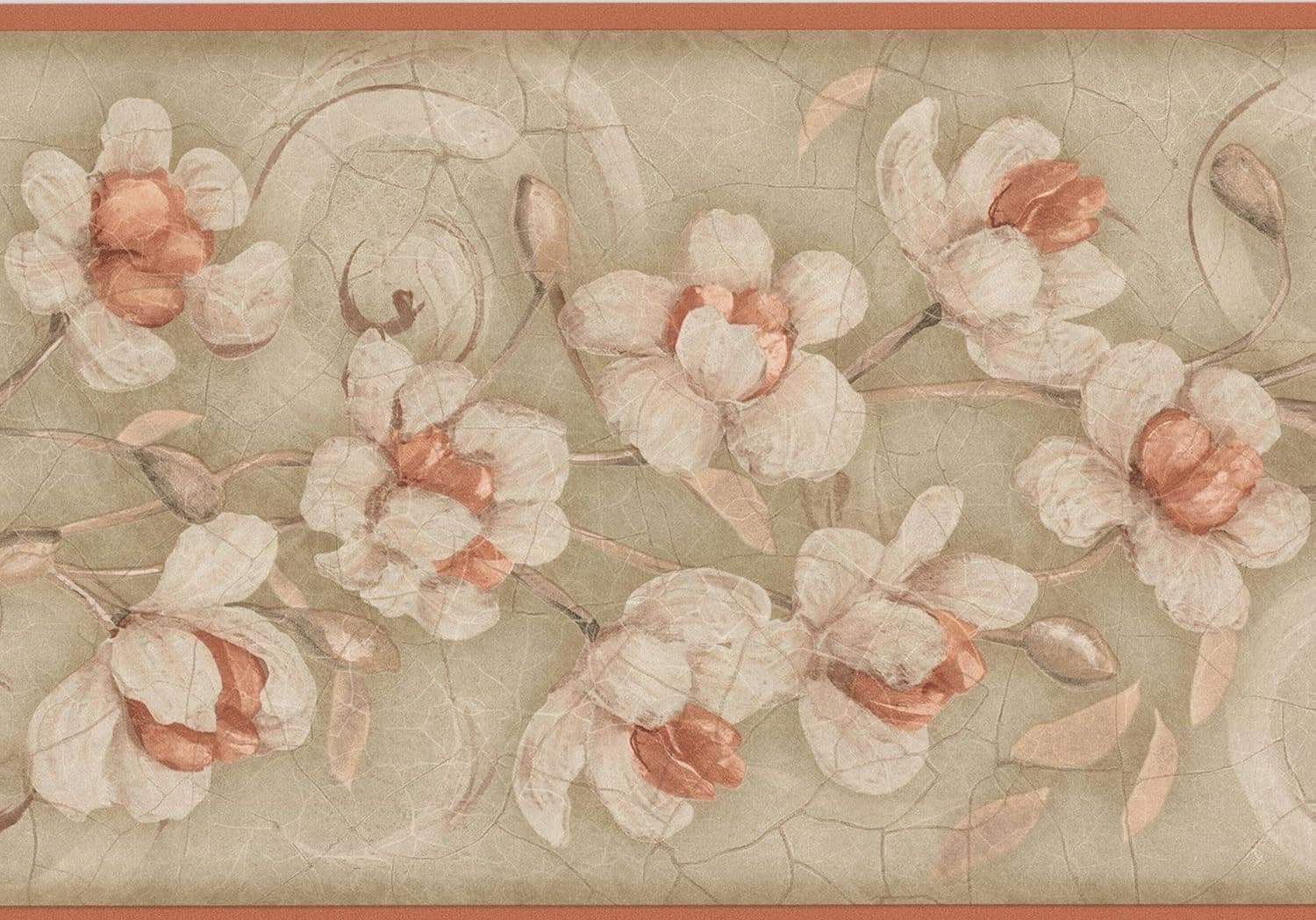 White Brown Flowers Grey Floral Wallpaper Border Retro Design, Roll 15' x 7''