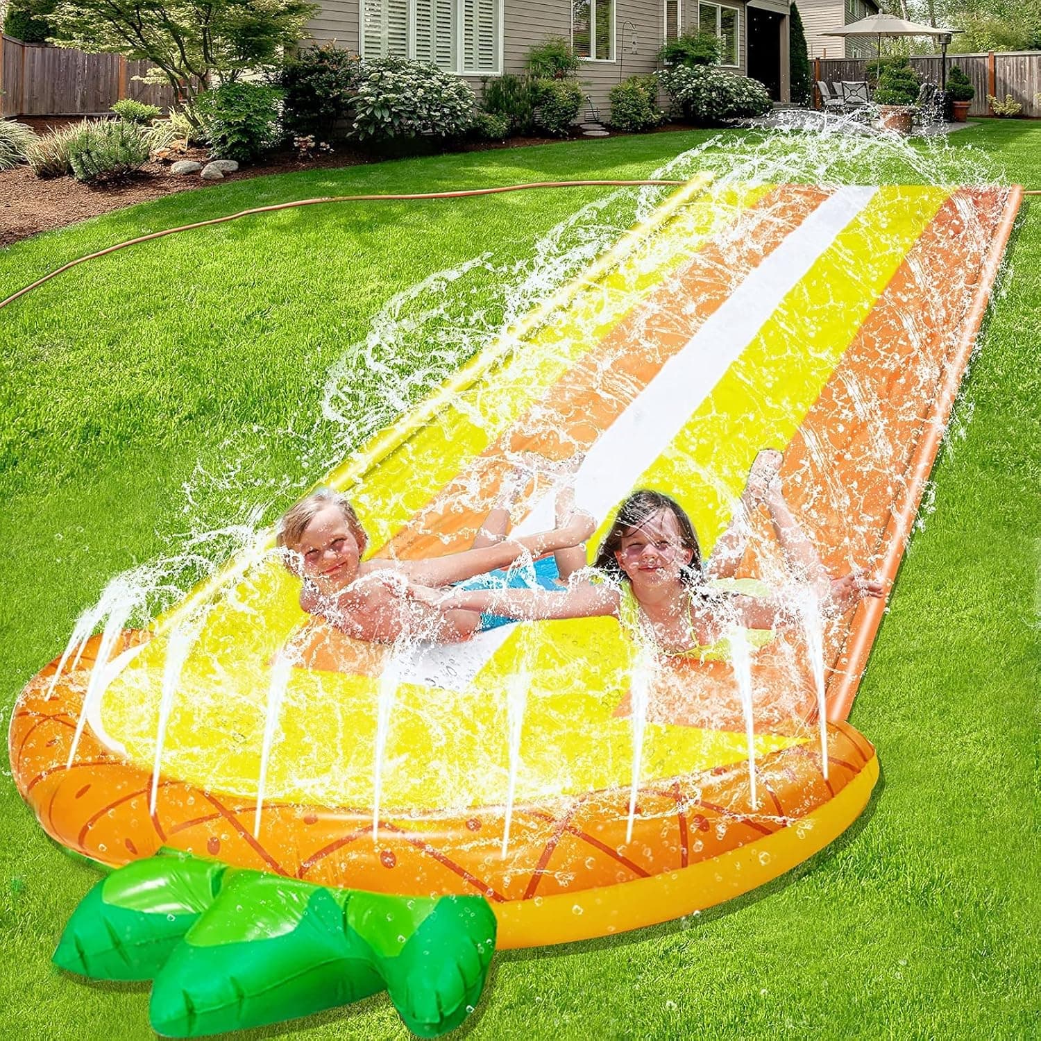 TURNMEON Pineapple Slip Lawn Water Slides for Kids Adults, Slides with 2 Bodyboard Extra Wide Double Race Lane Sprinkler Inflatable Crash Pad Children Summer (No Bodyboard)