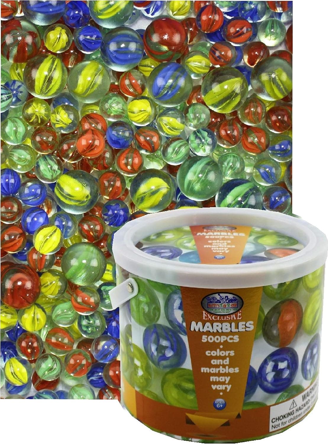 Deluxe 500 Pieces (7.5 Pounds) of Cat's Eyes Marbles & Shooters with Exclusive Matty's Toy Stop Storage Bucket