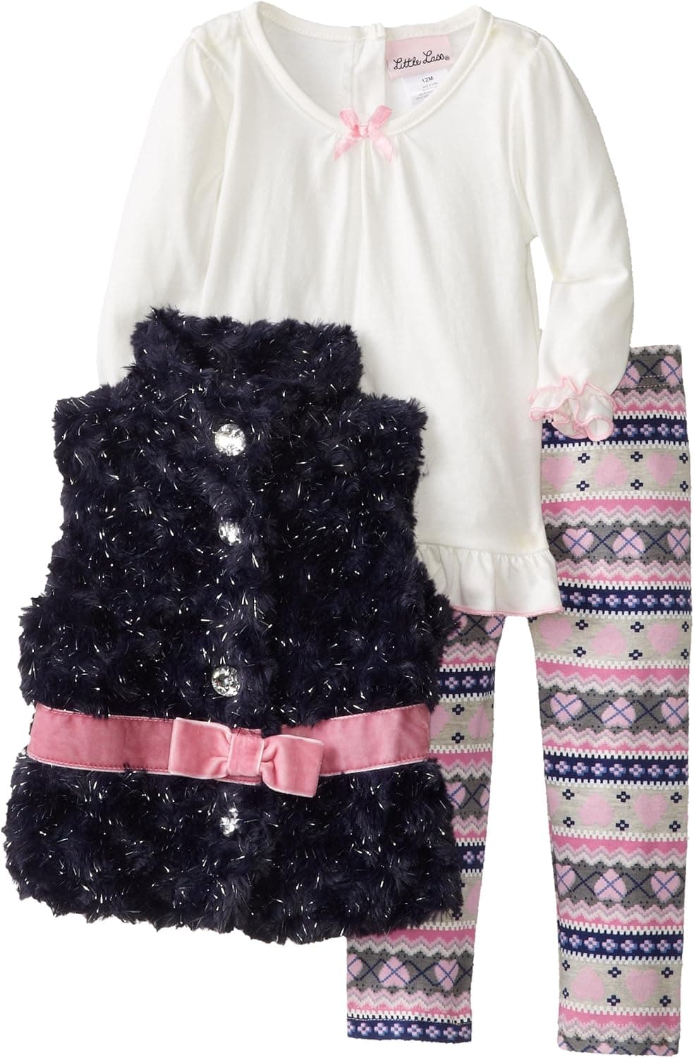 Little Lass Baby Girls' 3 Piece Fuzzy Vest Print Legging Set